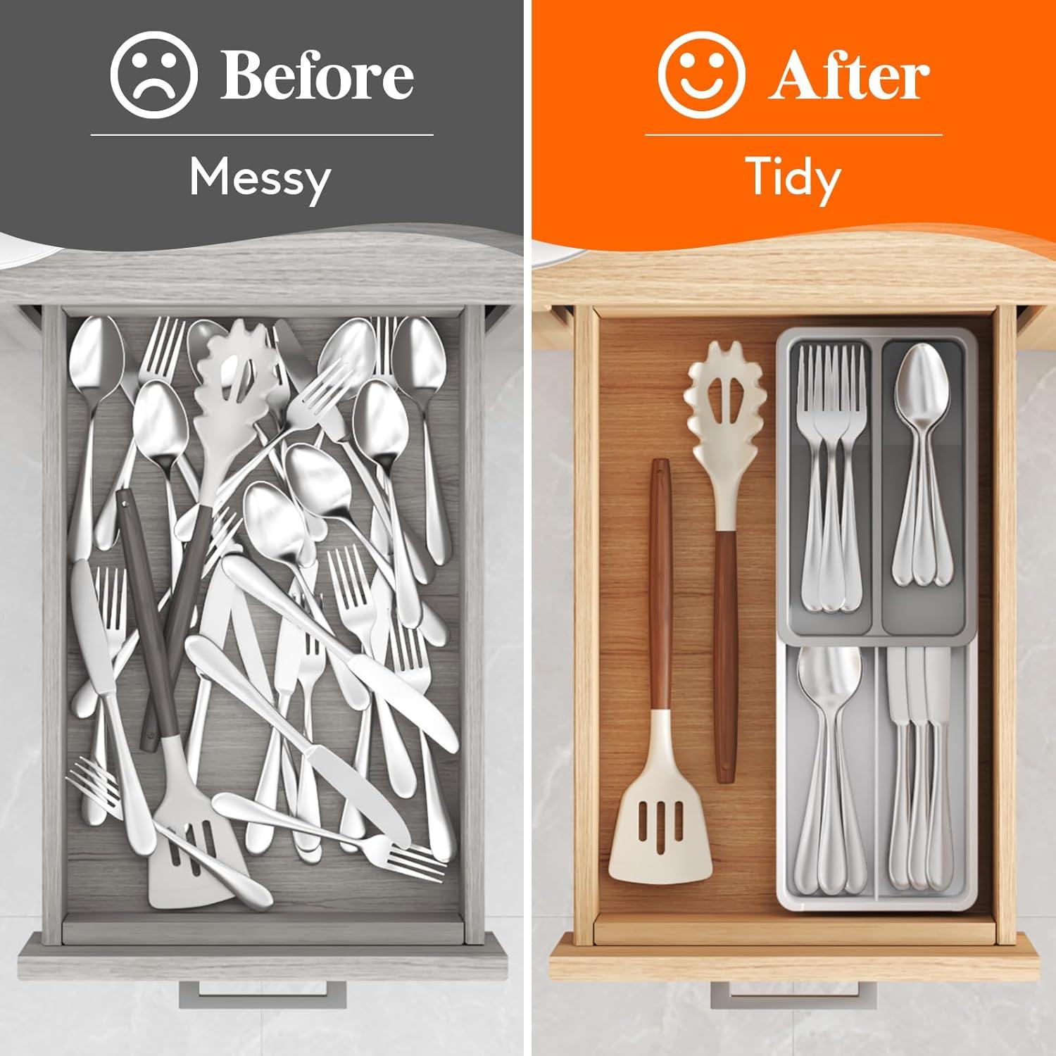 imageLifewit Compact Silverware Organizer for Kitchen Drawer Narrow Flatware Tray Holder Plastic Cutlery Spoons Forks and Knives Storage WhiteampampGray 1 PackGrayWhite