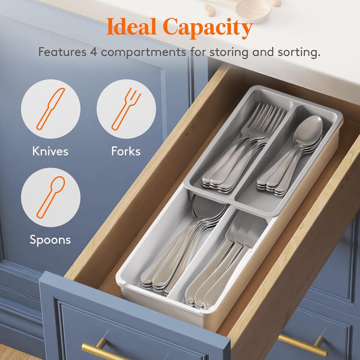 imageLifewit Compact Silverware Organizer for Kitchen Drawer Narrow Flatware Tray Holder Plastic Cutlery Spoons Forks and Knives Storage WhiteampampGray 1 PackGrayWhite