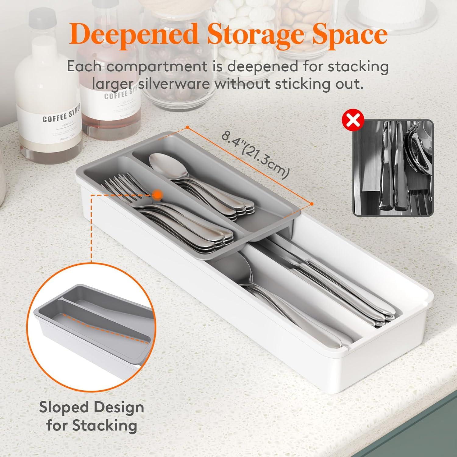 imageLifewit Compact Silverware Organizer for Kitchen Drawer Narrow Flatware Tray Holder Plastic Cutlery Spoons Forks and Knives Storage WhiteampampGray 1 PackGrayWhite