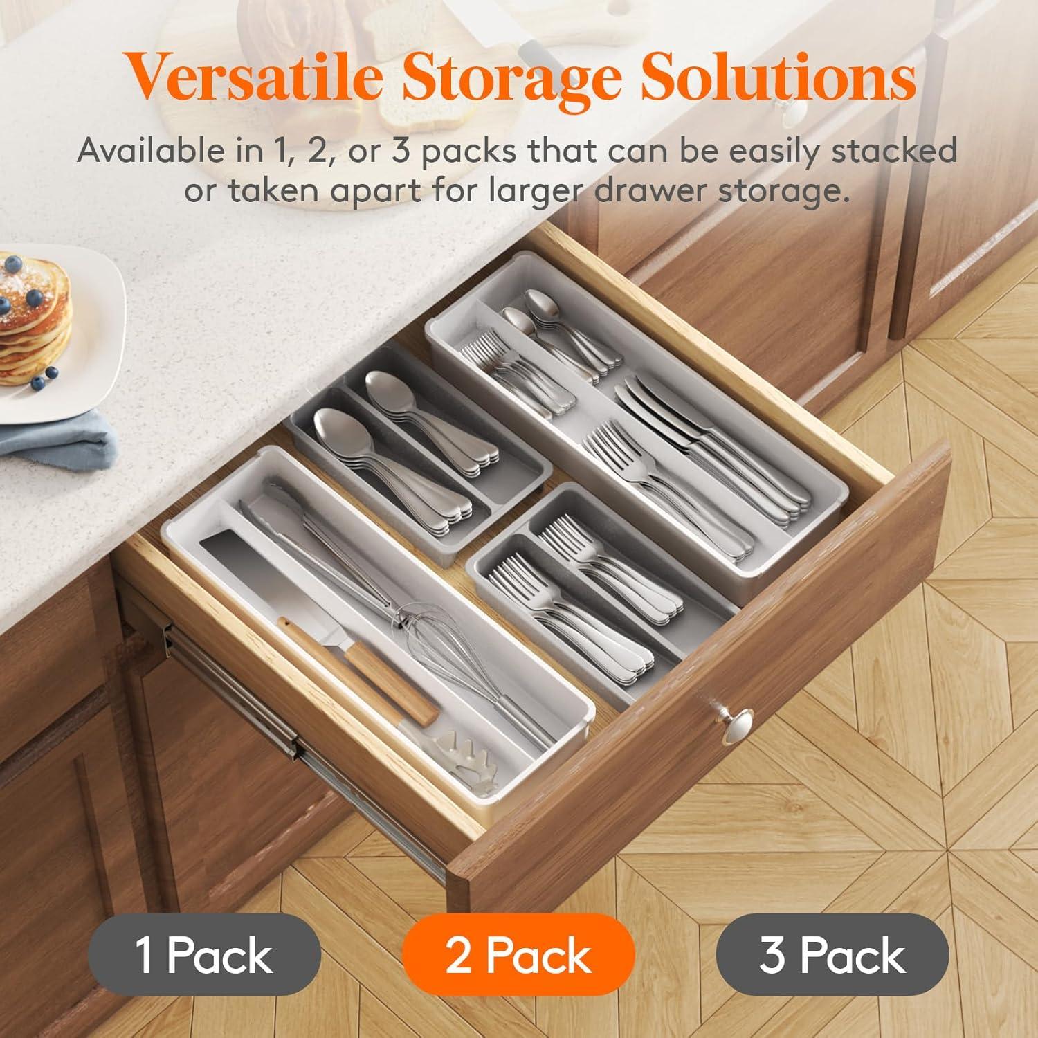 imageLifewit Compact Silverware Organizer for Kitchen Drawer Narrow Flatware Tray Holder Plastic Cutlery Spoons Forks and Knives Storage WhiteampampGray 1 PackGrayWhite