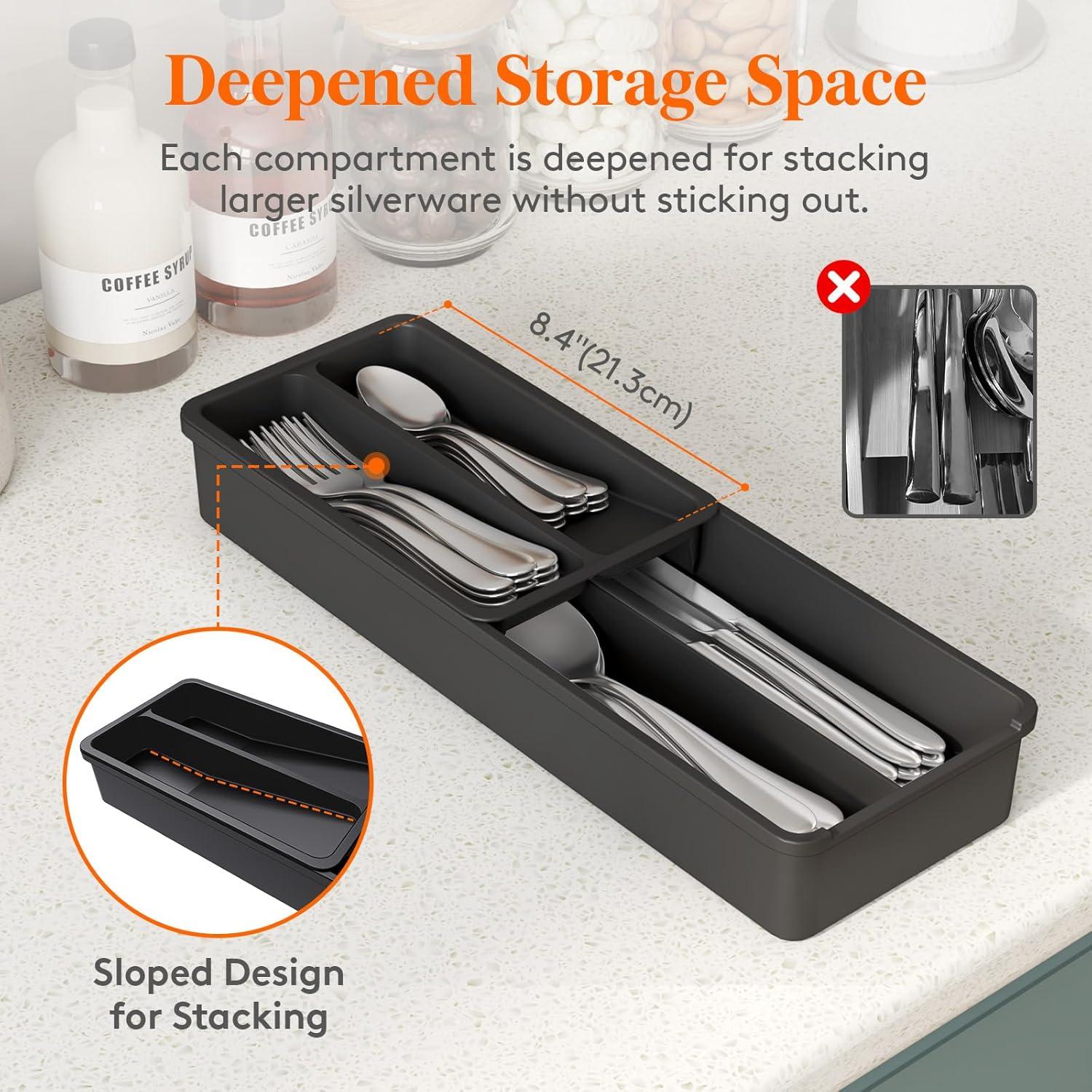 imageLifewit Compact Silverware Organizer for Kitchen Drawer Narrow Flatware Tray Holder Plastic Cutlery Spoons Forks and Knives Storage WhiteampampGray 1 PackBlack