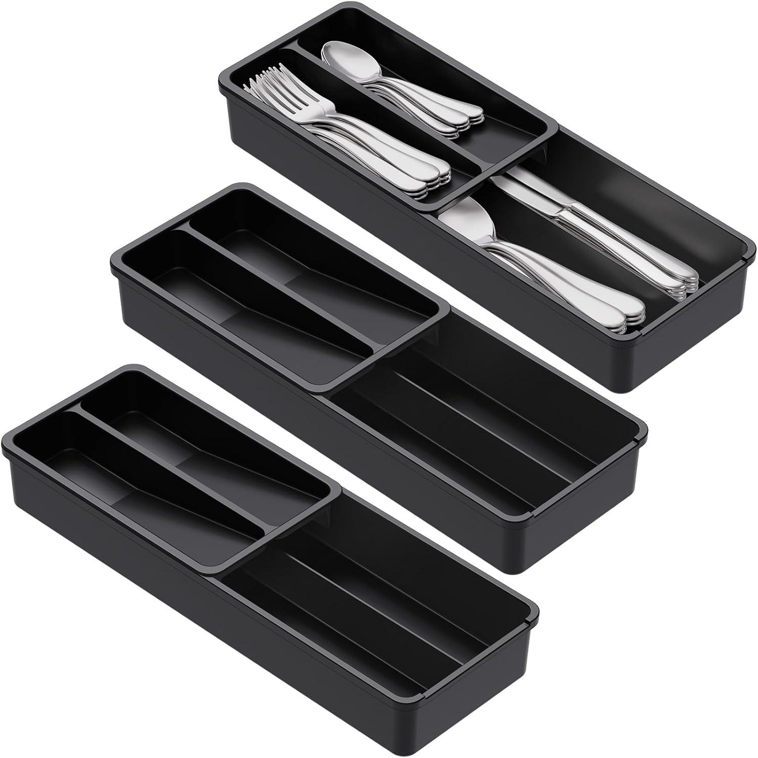 imageLifewit Compact Silverware Organizer for Kitchen Drawer Narrow Flatware Tray Holder Plastic Cutlery Spoons Forks and Knives Storage WhiteampampGray 1 PackBlack
