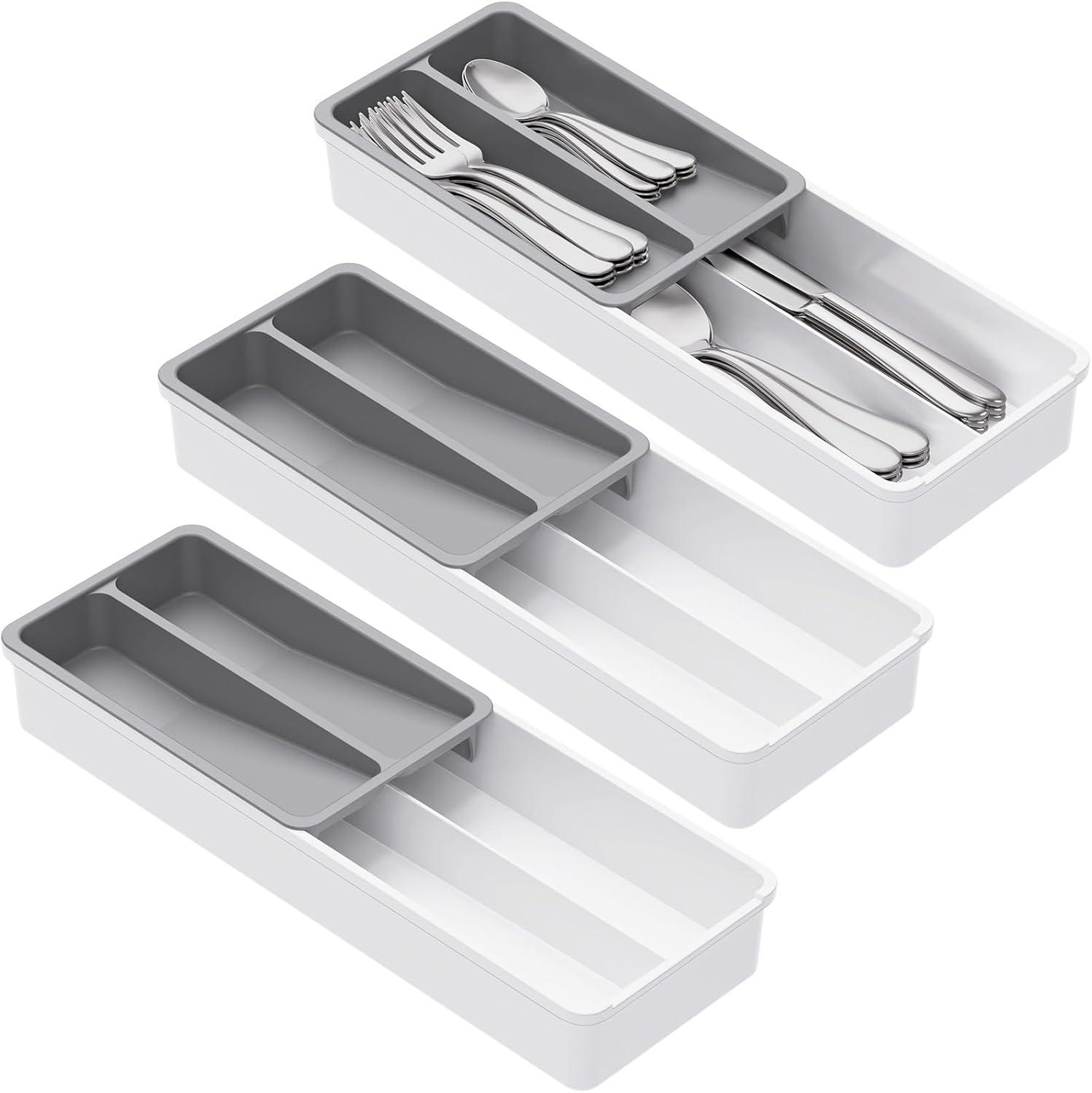 imageLifewit Compact Silverware Organizer for Kitchen Drawer Narrow Flatware Tray Holder Plastic Cutlery Spoons Forks and Knives Storage WhiteampampGray 1 PackGrayWhite