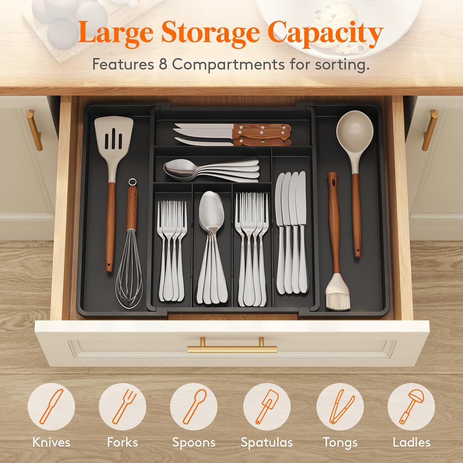 imageLifewit Expandable Silverware Drawer Organizer 224 x 167 x 2 inches Adjustable Utensil Cutlery Tray for kitchen Plastic Flatware Spoon Fork Knives Holder Storage Divider2 Pack BlackBlack