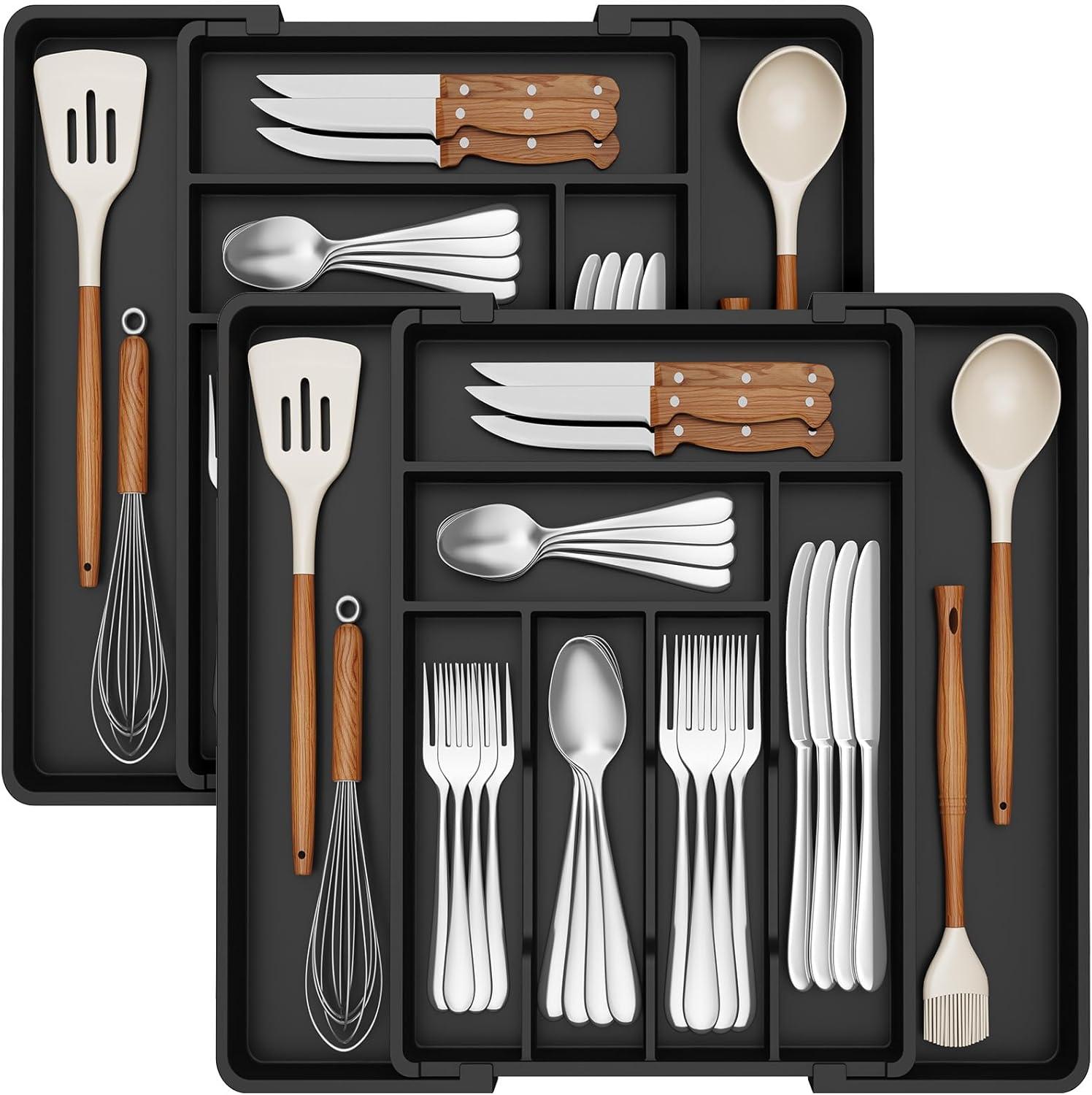 imageLifewit Expandable Silverware Drawer Organizer 224 x 167 x 2 inches Adjustable Utensil Cutlery Tray for kitchen Plastic Flatware Spoon Fork Knives Holder Storage Divider2 Pack BlackBlack