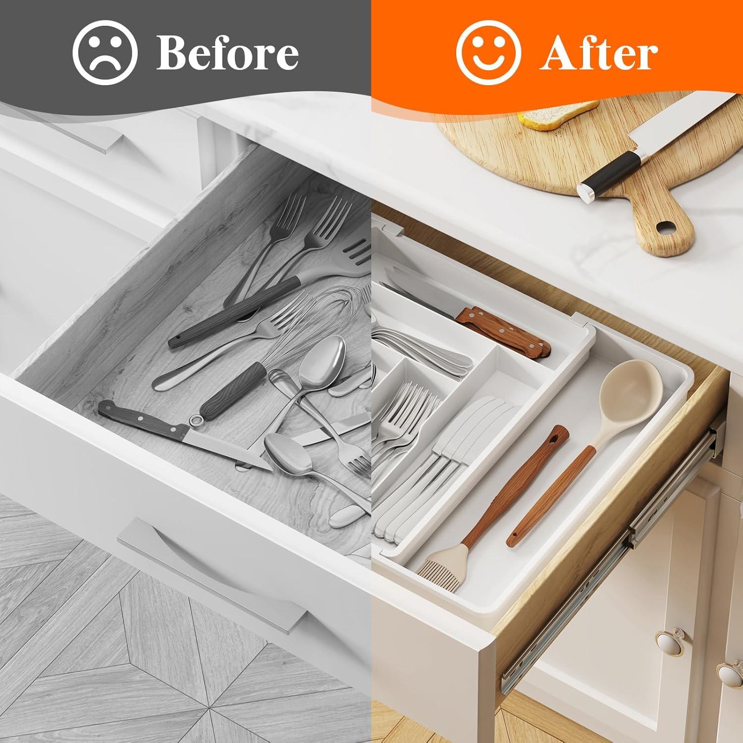 imageLifewit Expandable Silverware Drawer Organizer 224 x 167 x 2 inches Adjustable Utensil Cutlery Tray for kitchen Plastic Flatware Spoon Fork Knives Holder Storage Divider2 Pack BlackWhite