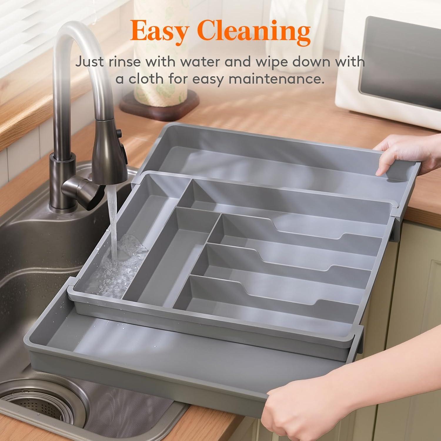 imageLifewit Expandable Silverware Drawer Organizer 224 x 167 x 2 inches Adjustable Utensil Cutlery Tray for kitchen Plastic Flatware Spoon Fork Knives Holder Storage Divider2 Pack BlackGray