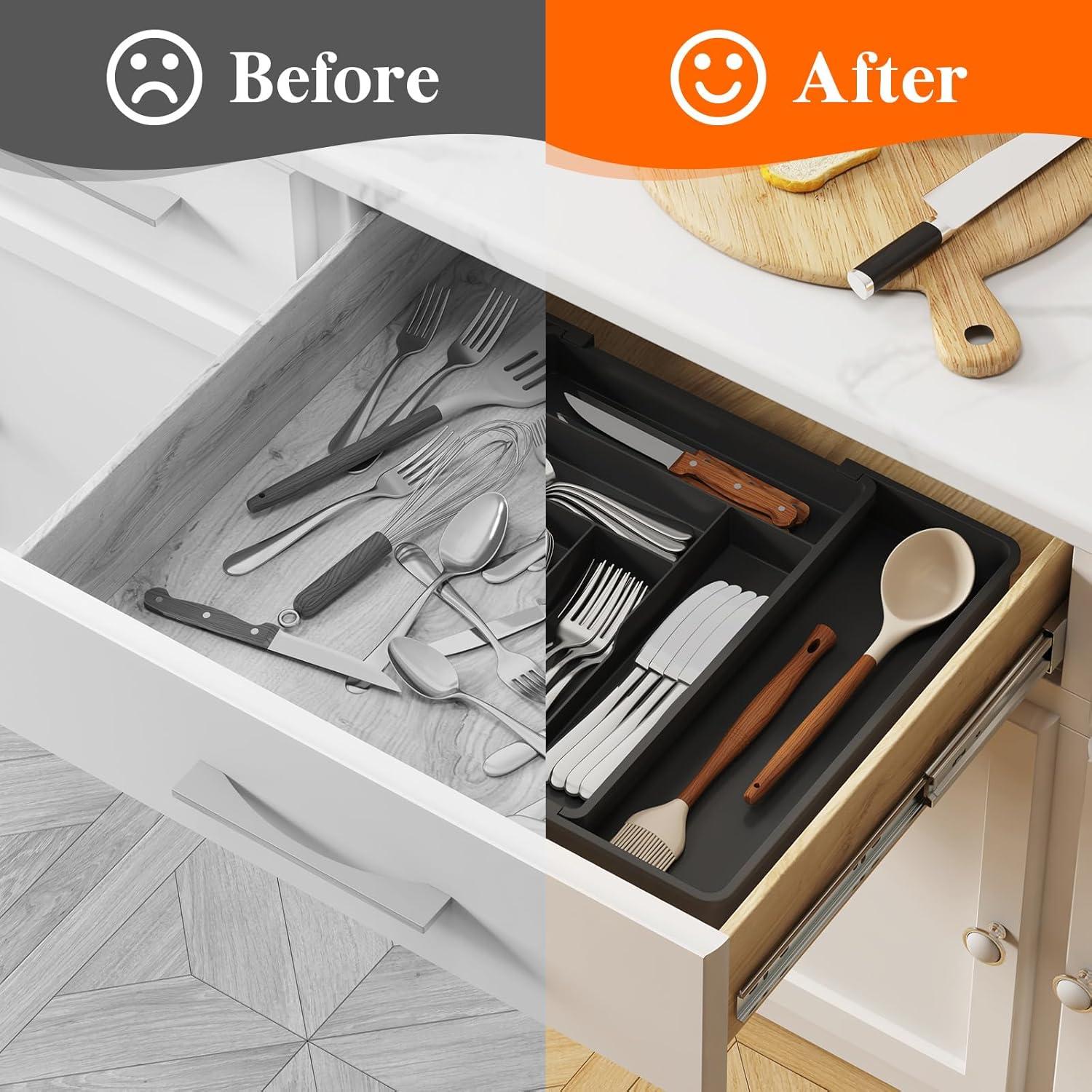imageLifewit Expandable Silverware Drawer Organizer 224 x 167 x 2 inches Adjustable Utensil Cutlery Tray for kitchen Plastic Flatware Spoon Fork Knives Holder Storage Divider2 Pack BlackBlack