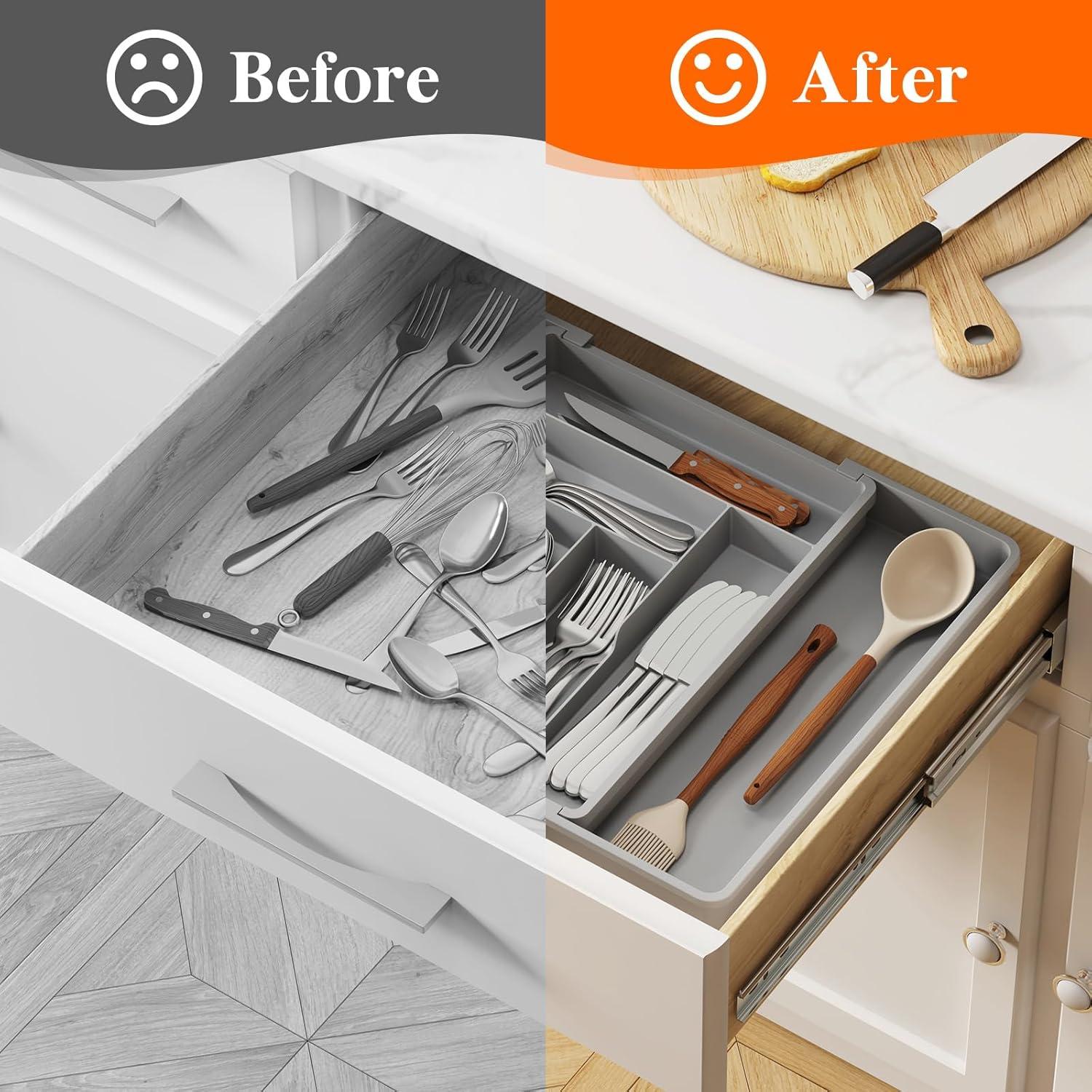 imageLifewit Expandable Silverware Drawer Organizer 224 x 167 x 2 inches Adjustable Utensil Cutlery Tray for kitchen Plastic Flatware Spoon Fork Knives Holder Storage Divider2 Pack BlackGray