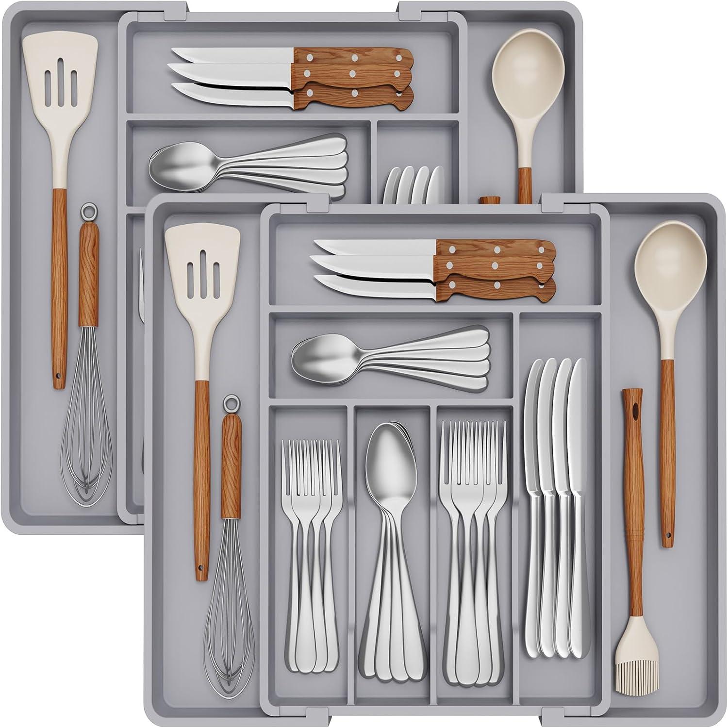imageLifewit Expandable Silverware Drawer Organizer 224 x 167 x 2 inches Adjustable Utensil Cutlery Tray for kitchen Plastic Flatware Spoon Fork Knives Holder Storage Divider2 Pack BlackGray