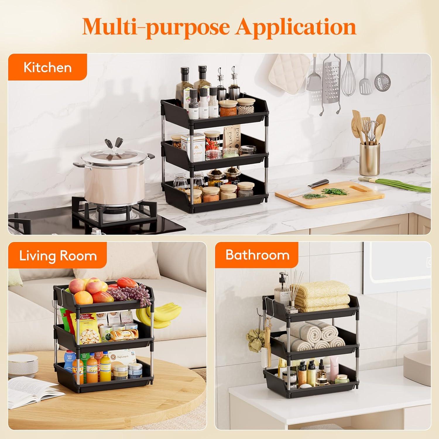 imageLifewit Fruit Basket for Kitchen Counter 3 Tier Fruit Bowl with Banana Hanger Vegetable Storage Stand Holder Organizer for Bread Snack Produce Black