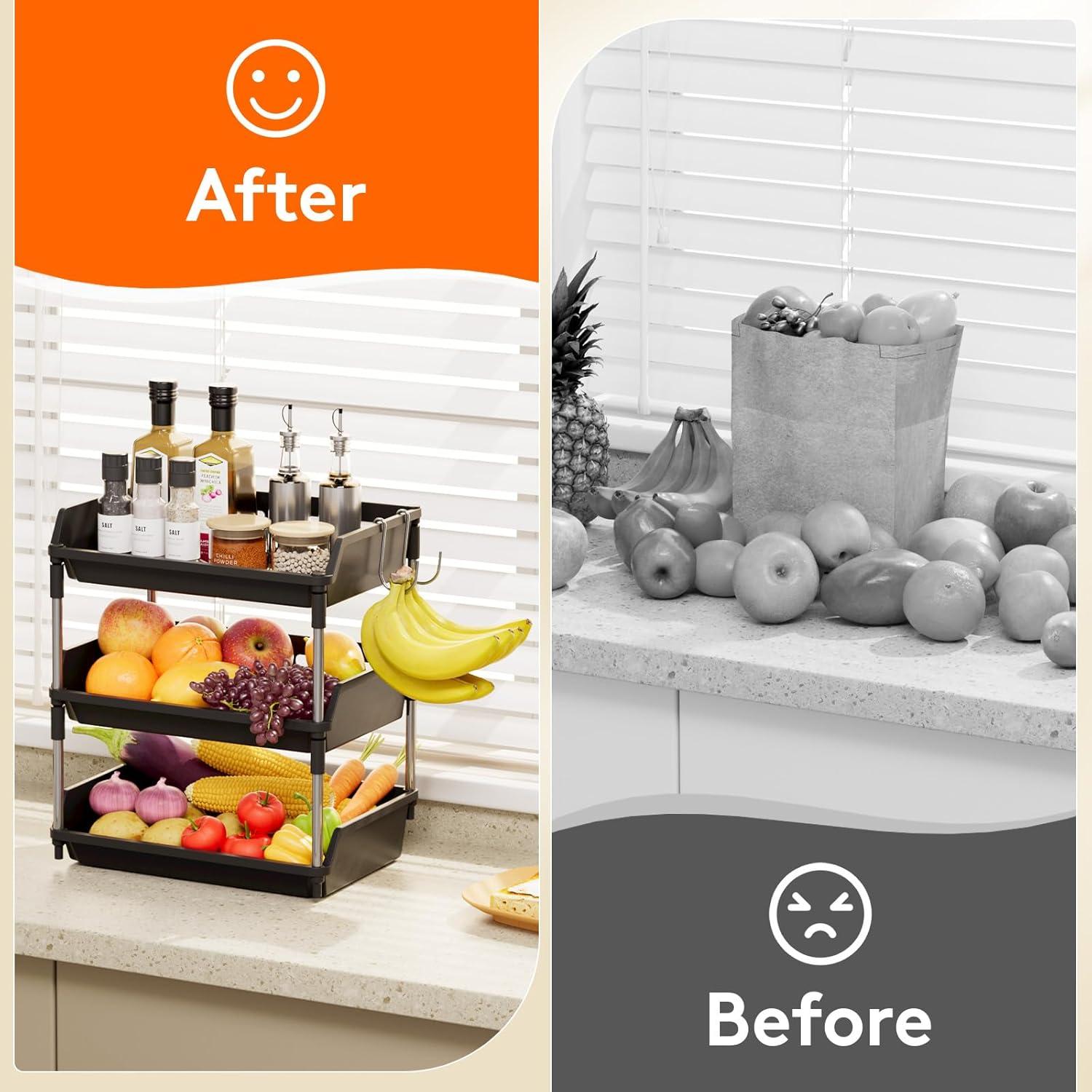 imageLifewit Fruit Basket for Kitchen Counter 3 Tier Fruit Bowl with Banana Hanger Vegetable Storage Stand Holder Organizer for Bread Snack Produce Black