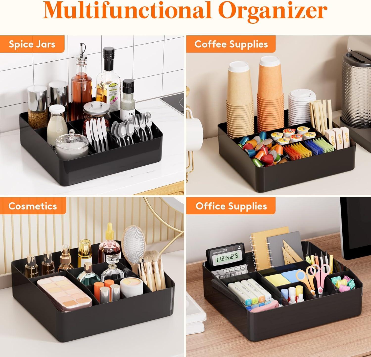 imageLifewit Paper Plate Organizer for Kitchen Countertop Plastic Silverware Caddy for Party Utensil Holder with 7 Compartment Cutlery Flatware Dispenser Box for Cup Spoon Fork Plate Napkin Black