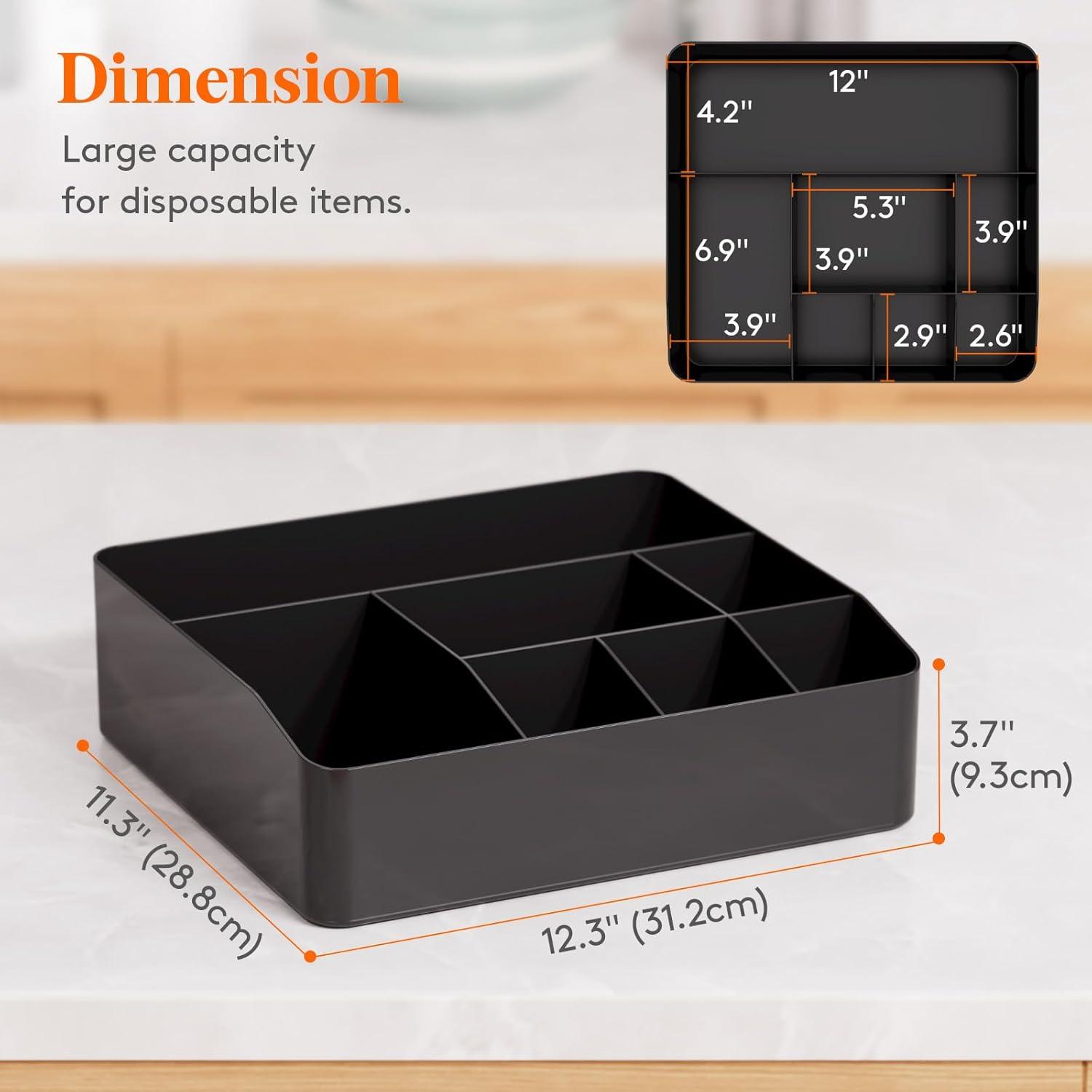 imageLifewit Paper Plate Organizer for Kitchen Countertop Plastic Silverware Caddy for Party Utensil Holder with 7 Compartment Cutlery Flatware Dispenser Box for Cup Spoon Fork Plate Napkin Black