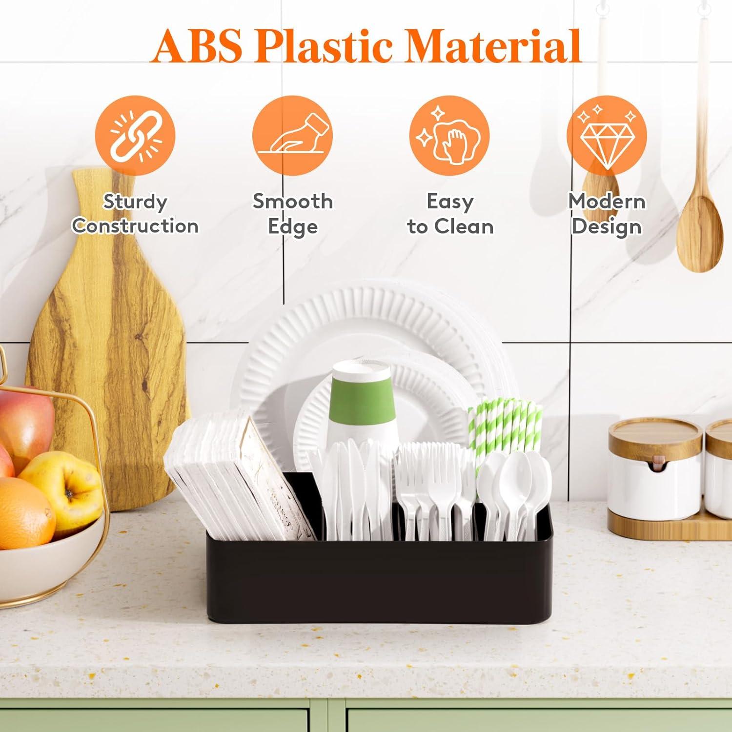 imageLifewit Paper Plate Organizer for Kitchen Countertop Plastic Silverware Caddy for Party Utensil Holder with 7 Compartment Cutlery Flatware Dispenser Box for Cup Spoon Fork Plate Napkin Black
