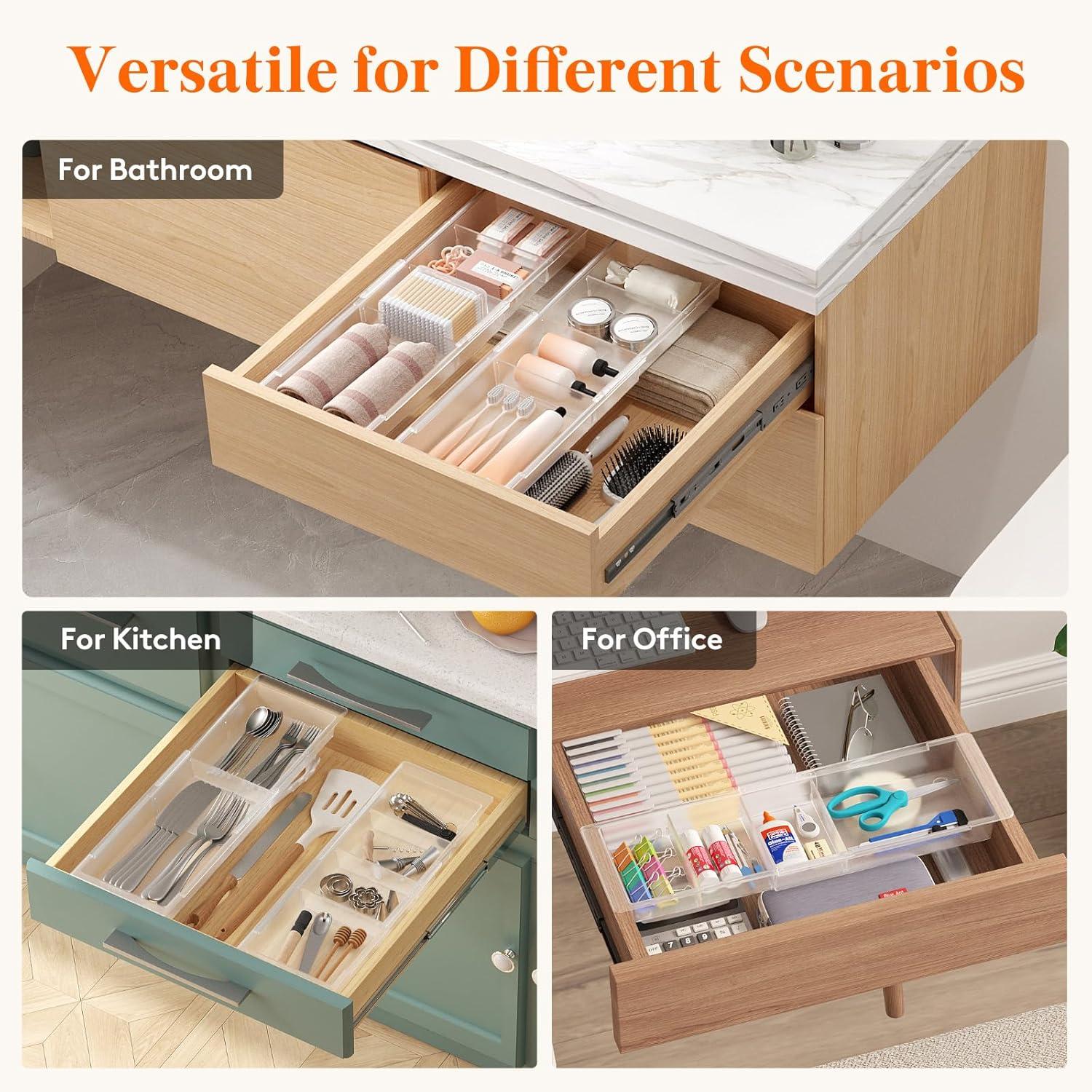 imageLifewit Sliding Makeup Drawer Organizer Trays with Inserts Extendable Hanging Desk Drawer Divider Fits 1320quot Deep Drawers 18quot High Plastic Organizer Tray for Vanity Office Kitchen WhiteTranslucent