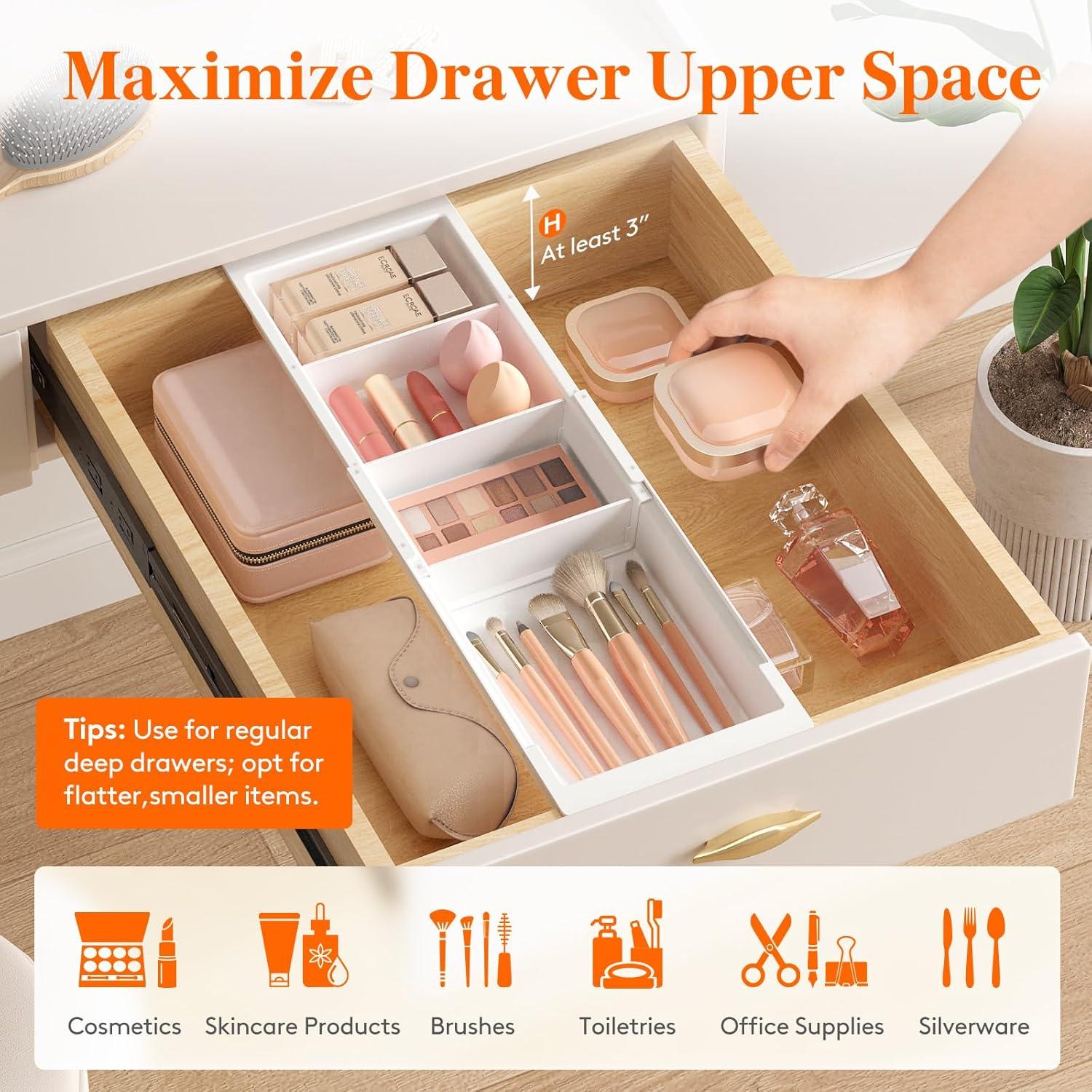 imageLifewit Sliding Makeup Drawer Organizer Trays with Inserts Extendable Hanging Desk Drawer Divider Fits 1320quot Deep Drawers 18quot High Plastic Organizer Tray for Vanity Office Kitchen WhiteWhite