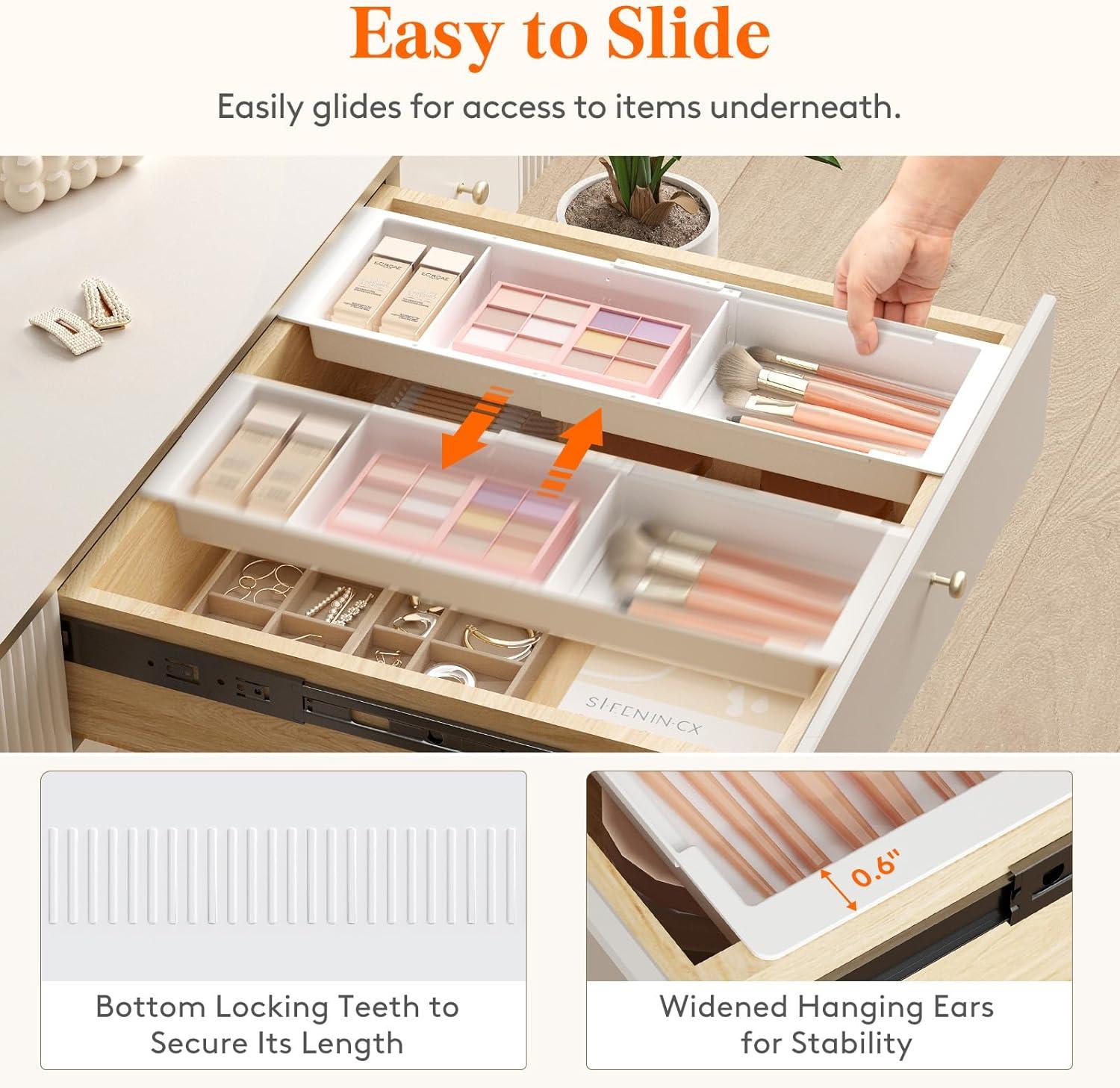imageLifewit Sliding Makeup Drawer Organizer Trays with Inserts Extendable Hanging Desk Drawer Divider Fits 1320quot Deep Drawers 18quot High Plastic Organizer Tray for Vanity Office Kitchen WhiteWhite