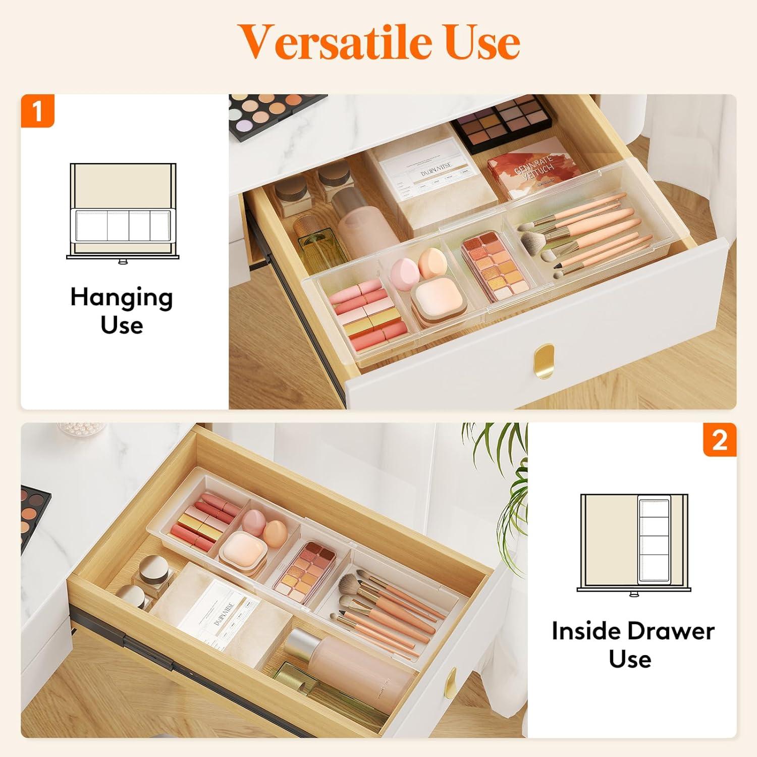 imageLifewit Sliding Makeup Drawer Organizer Trays with Inserts Extendable Hanging Desk Drawer Divider Fits 1320quot Deep Drawers 18quot High Plastic Organizer Tray for Vanity Office Kitchen WhiteWhite