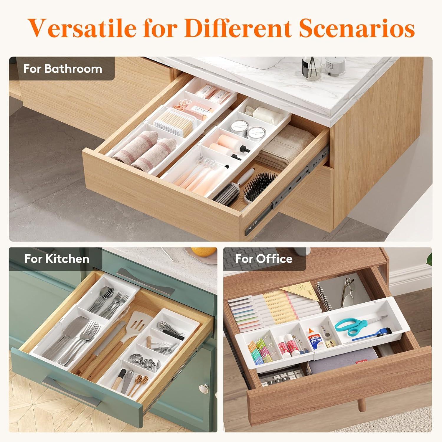 imageLifewit Sliding Makeup Drawer Organizer Trays with Inserts Extendable Hanging Desk Drawer Divider Fits 1320quot Deep Drawers 18quot High Plastic Organizer Tray for Vanity Office Kitchen WhiteWhite