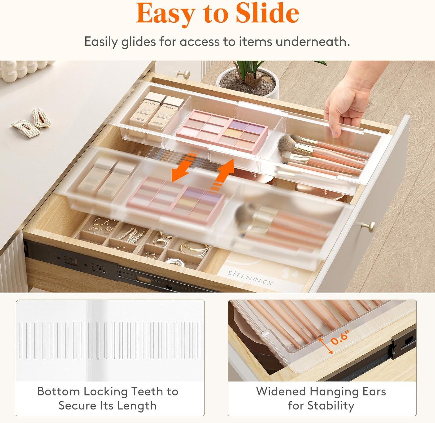 imageLifewit Sliding Makeup Drawer Organizer Trays with Inserts Extendable Hanging Desk Drawer Divider Fits 1320quot Deep Drawers 18quot High Plastic Organizer Tray for Vanity Office Kitchen WhiteTranslucent