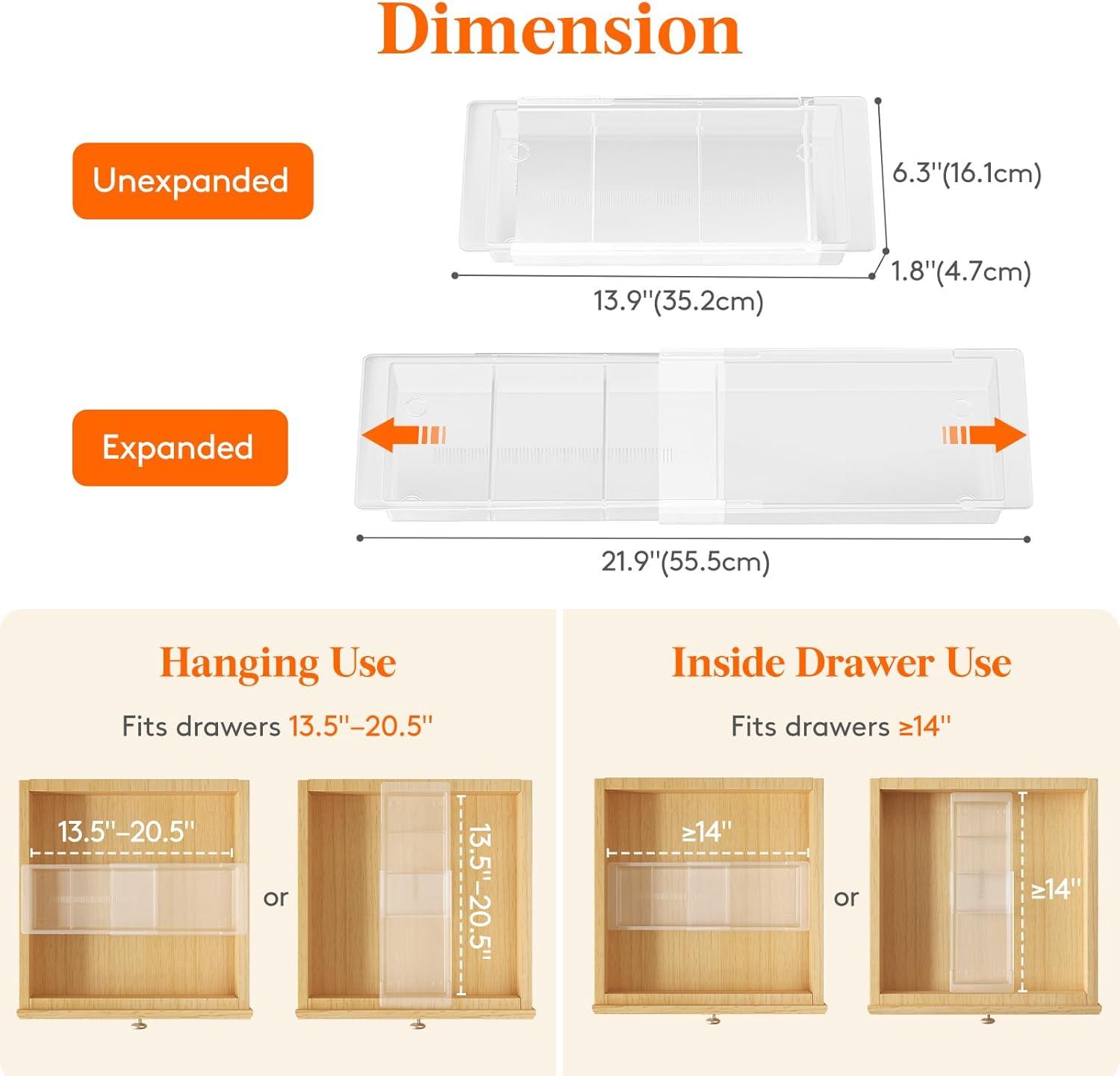 imageLifewit Sliding Makeup Drawer Organizer Trays with Inserts Extendable Hanging Desk Drawer Divider Fits 1320quot Deep Drawers 18quot High Plastic Organizer Tray for Vanity Office Kitchen WhiteTranslucent