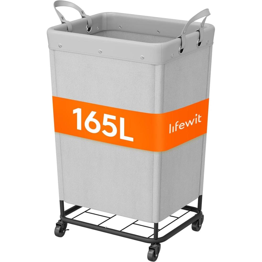 imageLifewit 165L Laundry Basket with Wheels Large Heavy Duty Commercial Rolling Laundry Hamper with Handles Tall Steel Frame Laundry Cart for Laundry Room Bedroom Hotel Home Dorm WhiteSliver Gray
