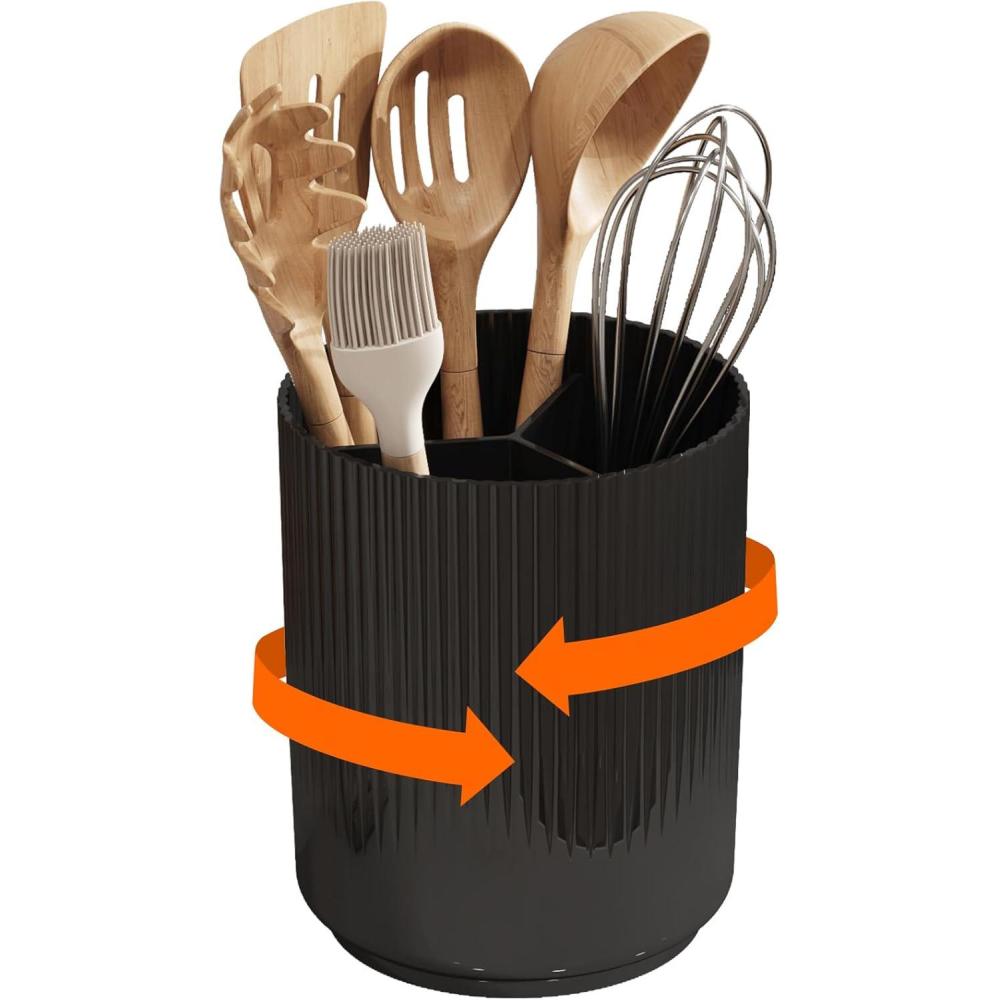 imageLifewit 75quot Plastic Utensil Holder for Kitchen Counter Cooking Silverware Caddy with NonSlip Rotating Base 3 Compartment Spoon Spatula Cutlery Flatware Organizer with Dry Draining White 1 PackBlack