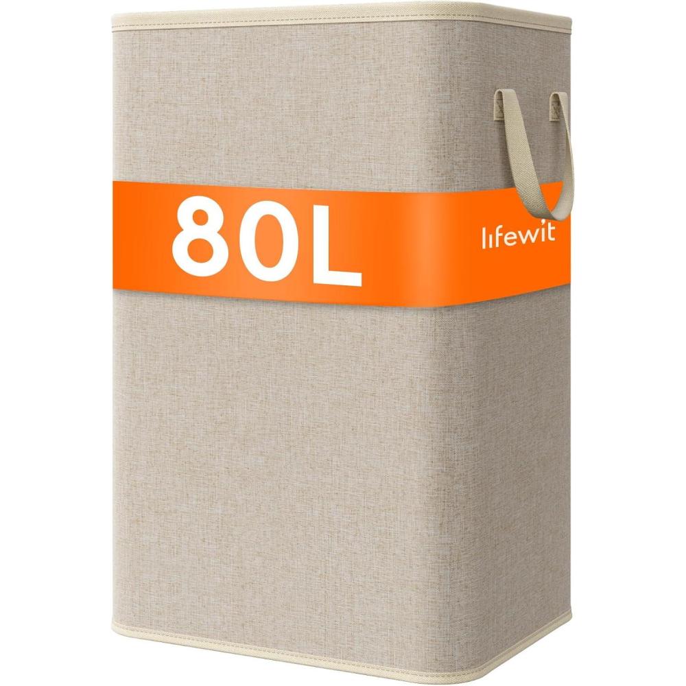 imageLifewit 80L Large Tall Laundry Hamper Collapsible Laundry Basket with Handles Foldable Clothes Hampers for Laundry Portable Dirty Clothes Hamper for Dorm College Bedroom Bathroom Light GrayBeige