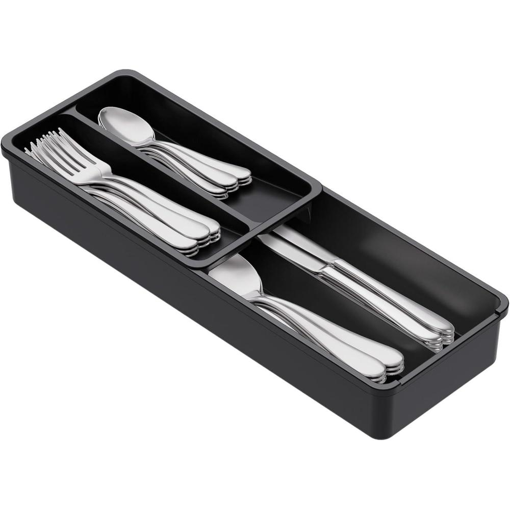 imageLifewit Compact Silverware Organizer for Kitchen Drawer Narrow Flatware Tray Holder Plastic Cutlery Spoons Forks and Knives Storage WhiteampampGray 1 PackBlack