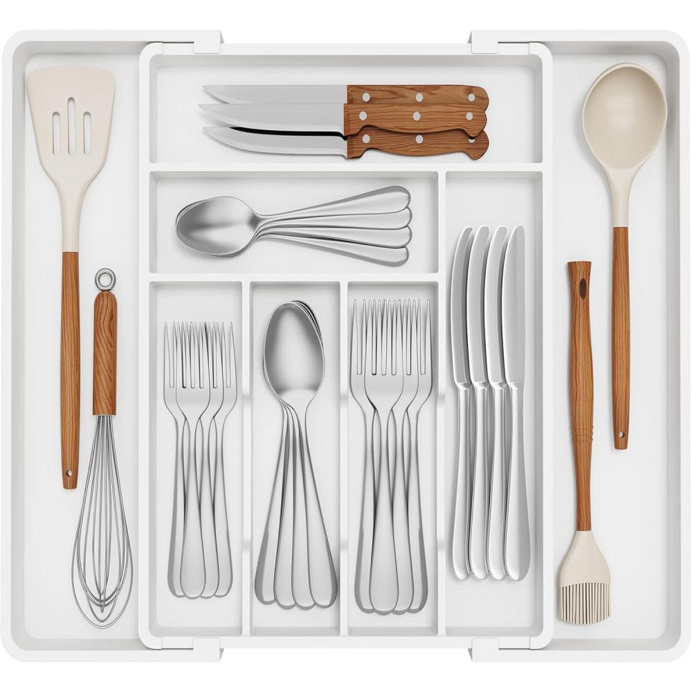 imageLifewit Expandable Silverware Drawer Organizer 224 x 167 x 2 inches Adjustable Utensil Cutlery Tray for kitchen Plastic Flatware Spoon Fork Knives Holder Storage Divider2 Pack BlackWhite