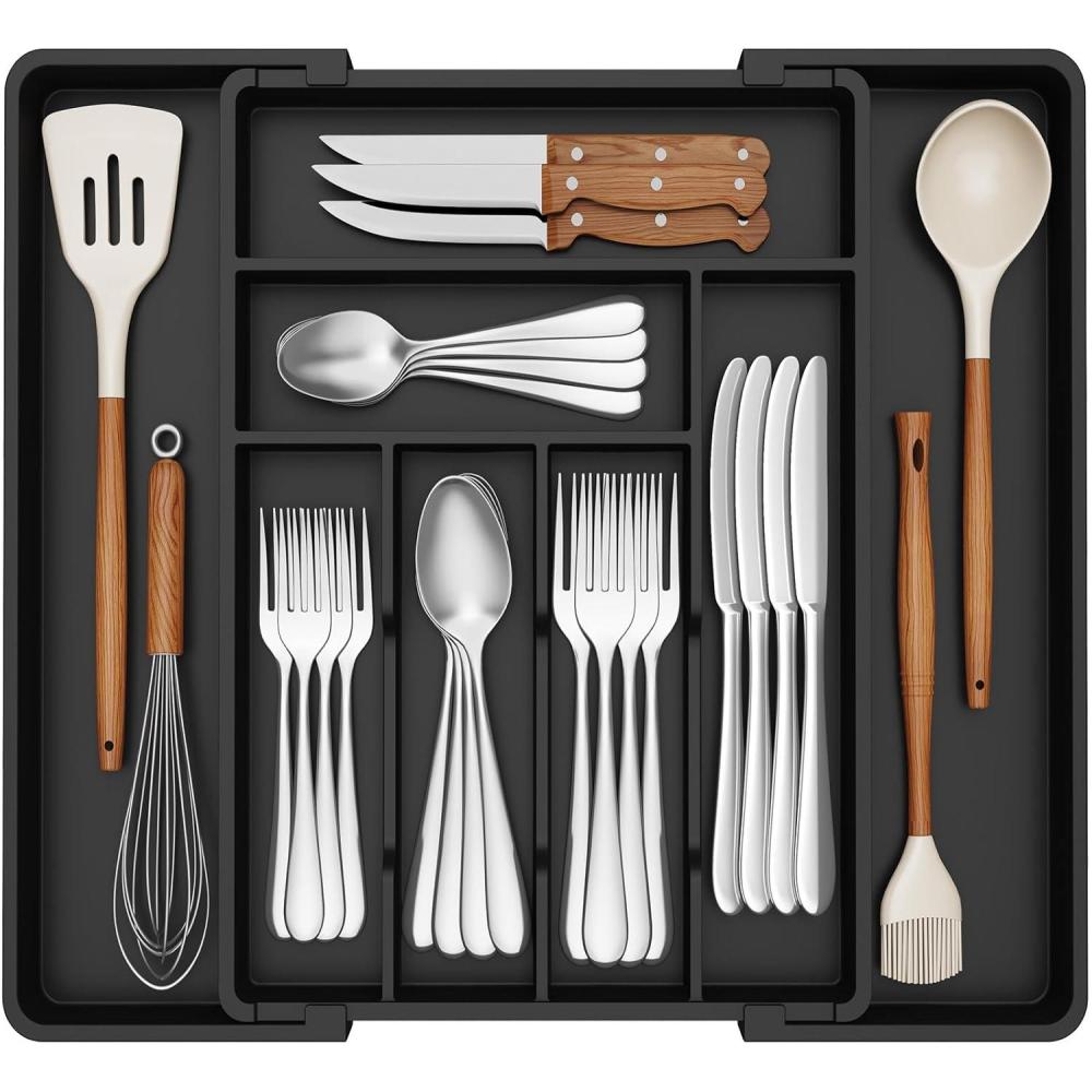 imageLifewit Expandable Silverware Drawer Organizer 224 x 167 x 2 inches Adjustable Utensil Cutlery Tray for kitchen Plastic Flatware Spoon Fork Knives Holder Storage Divider2 Pack BlackBlack