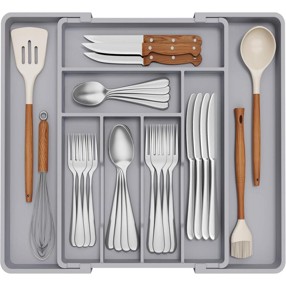 imageLifewit Expandable Silverware Drawer Organizer 224 x 167 x 2 inches Adjustable Utensil Cutlery Tray for kitchen Plastic Flatware Spoon Fork Knives Holder Storage Divider2 Pack BlackGray