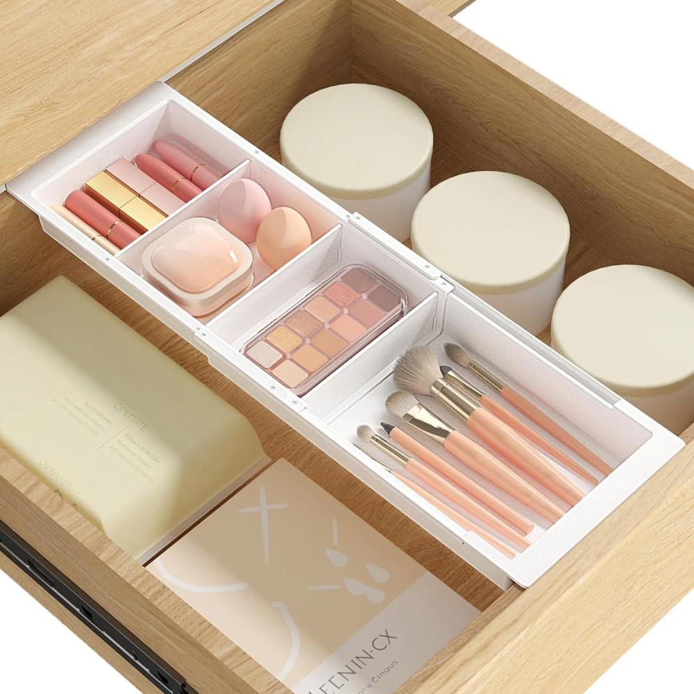 imageLifewit Sliding Makeup Drawer Organizer Trays with Inserts Extendable Hanging Desk Drawer Divider Fits 1320quot Deep Drawers 18quot High Plastic Organizer Tray for Vanity Office Kitchen WhiteWhite
