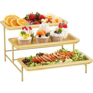 Lifewit 3 Tier Bamboo Serving Tray for Party Supplies, 12″ x 6.5″ Platters for Serving Food, Reusable Trays with Black Metal Display Stand for Veggie, Fruit, Cookies, Dessert(Gold)