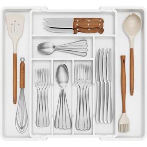 Lifewit Expandable Silverware Drawer Organizer, 22.4 x 16.7 x 2 inches, Adjustable Utensil Cutlery Tray for kitchen, Plastic Flatware Spoon Fork Knives Holder Storage Divider,2 Pack, Black(White)