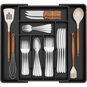 Lifewit Expandable Silverware Drawer Organizer, 22.4 x 16.7 x 2 inches, Adjustable Utensil Cutlery Tray for kitchen, Plastic Flatware Spoon Fork Knives Holder Storage Divider,2 Pack, Black(Black)