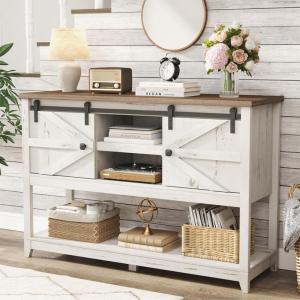 Lifewit Farmhouse Entryway Console Table, Adjustable Shelf, Sliding Barn Doors, 47“ x 15.7″ x 32″ Hallway Table with Bottom Open Shelf, for Entrance, Living Room, Foyer, Rustic White