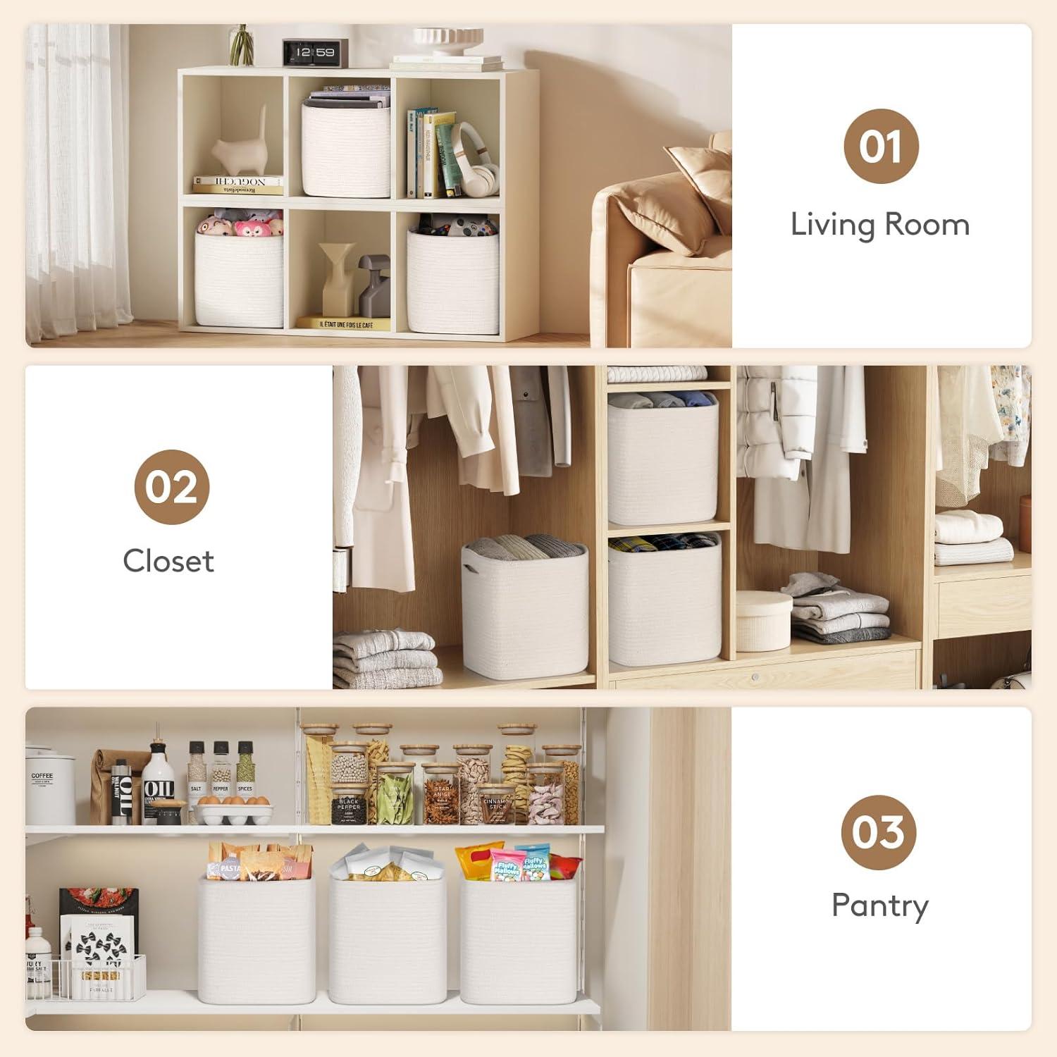 imageLifewit 6 Pack Storage Cubes 11 Inch Cotton Rope Woven Baskets Foldable Decorative Cube Storage Bins Hand Storage Box for Organizing Home Organizers with Handles for Shelves Closet White ampamp BrownWhite