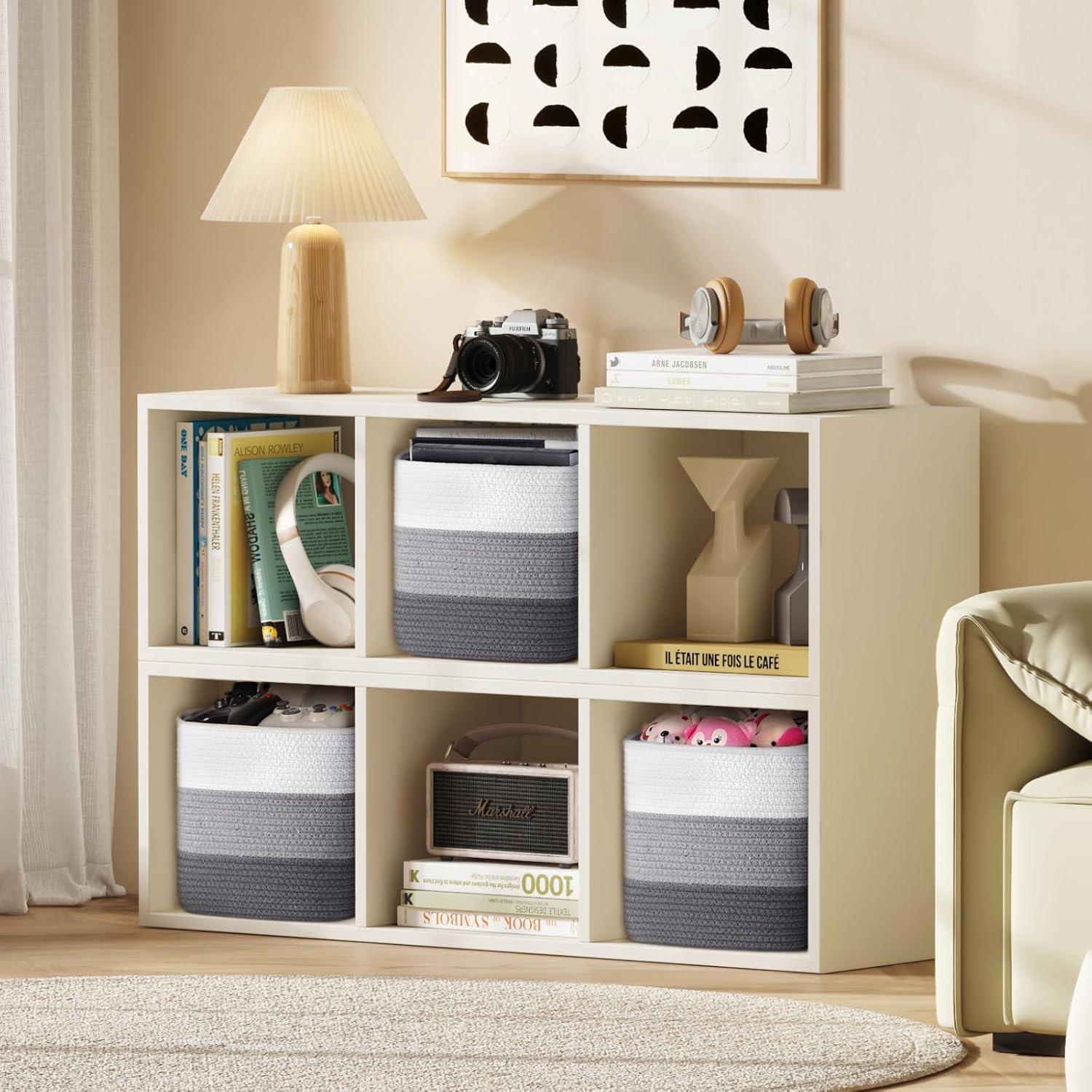 imageLifewit 6 Pack Storage Cubes 11 Inch Cotton Rope Woven Baskets Foldable Decorative Cube Storage Bins Hand Storage Box for Organizing Home Organizers with Handles for Shelves Closet White ampamp Brown3Tone Gray