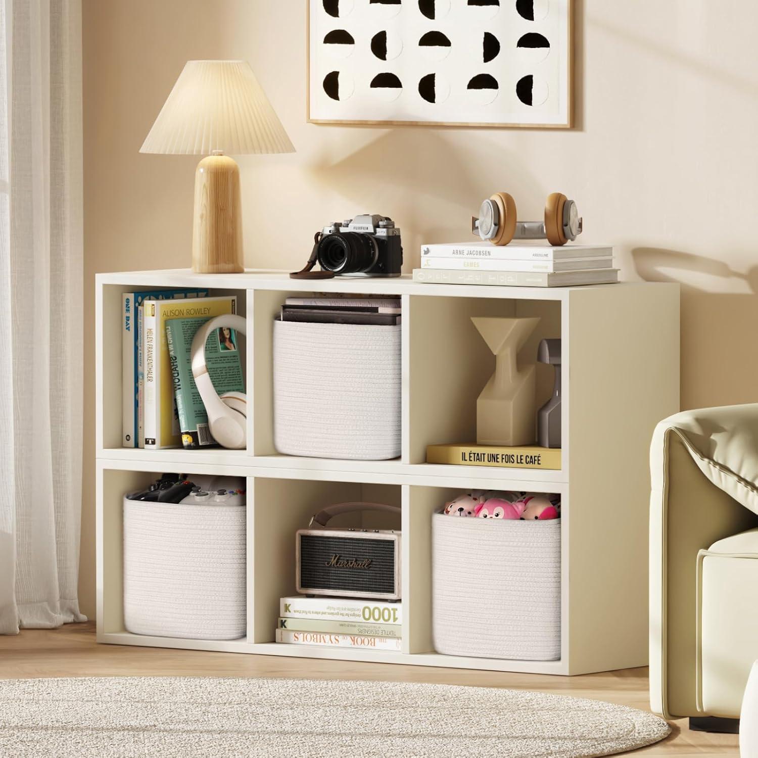 imageLifewit 6 Pack Storage Cubes 11 Inch Cotton Rope Woven Baskets Foldable Decorative Cube Storage Bins Hand Storage Box for Organizing Home Organizers with Handles for Shelves Closet White ampamp BrownWhite