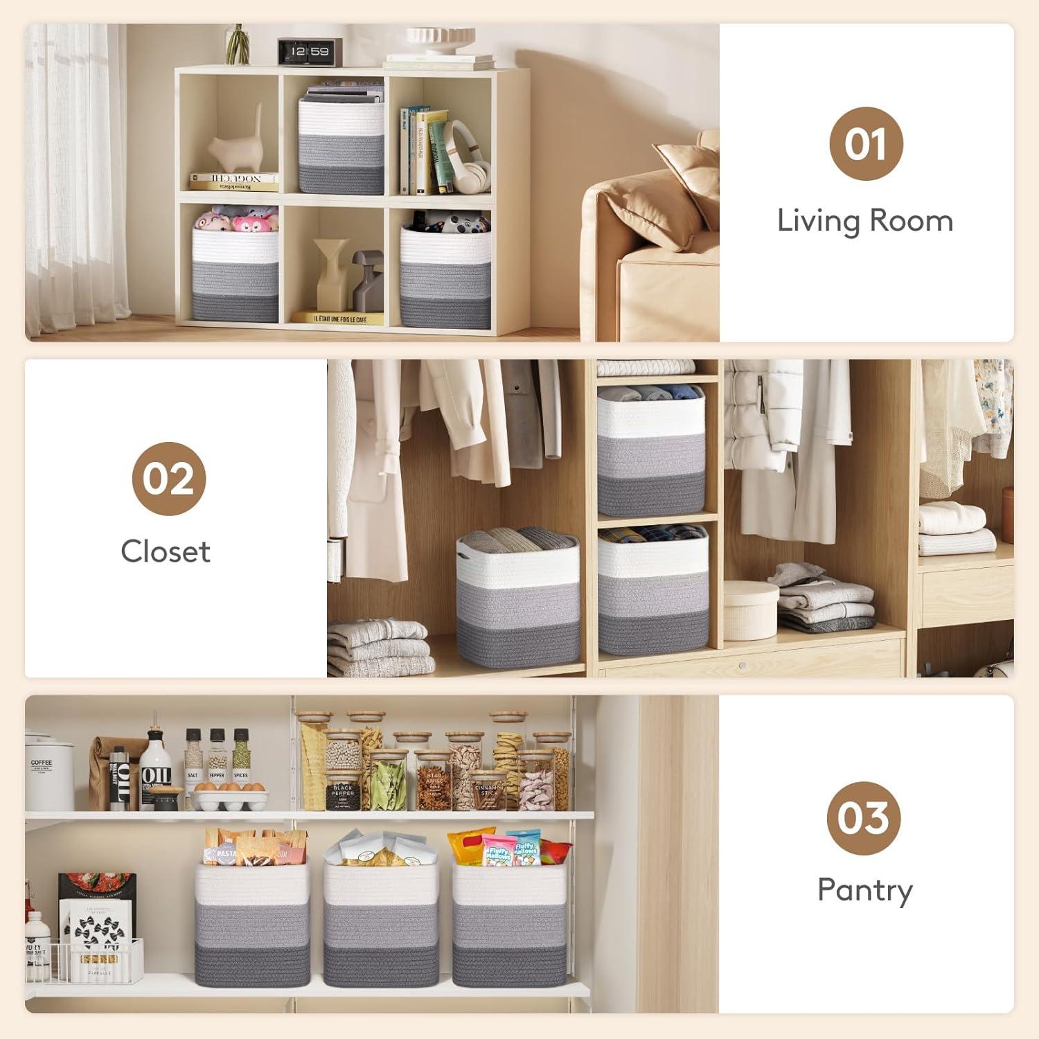 imageLifewit 6 Pack Storage Cubes 11 Inch Cotton Rope Woven Baskets Foldable Decorative Cube Storage Bins Hand Storage Box for Organizing Home Organizers with Handles for Shelves Closet White ampamp Brown3Tone Gray