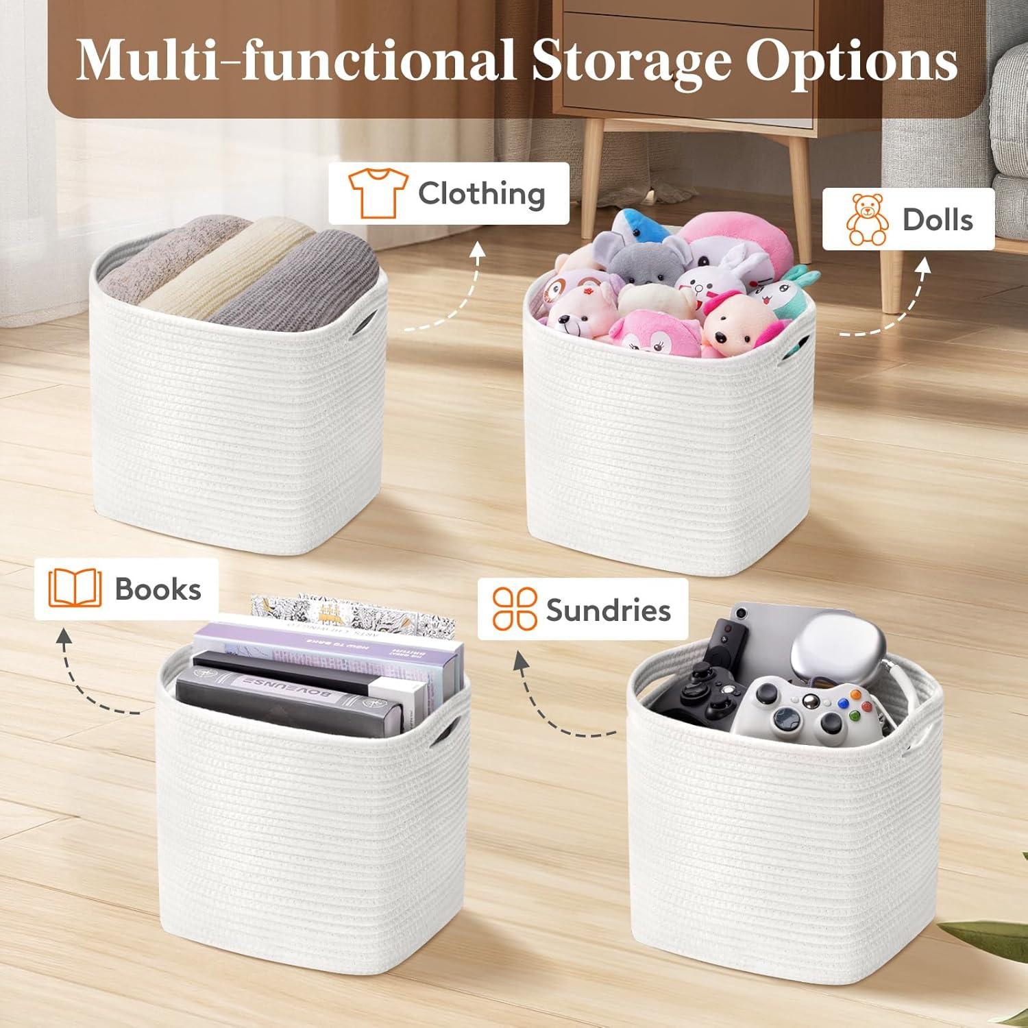 imageLifewit 6 Pack Storage Cubes 11 Inch Cotton Rope Woven Baskets Foldable Decorative Cube Storage Bins Hand Storage Box for Organizing Home Organizers with Handles for Shelves Closet White ampamp BrownWhite
