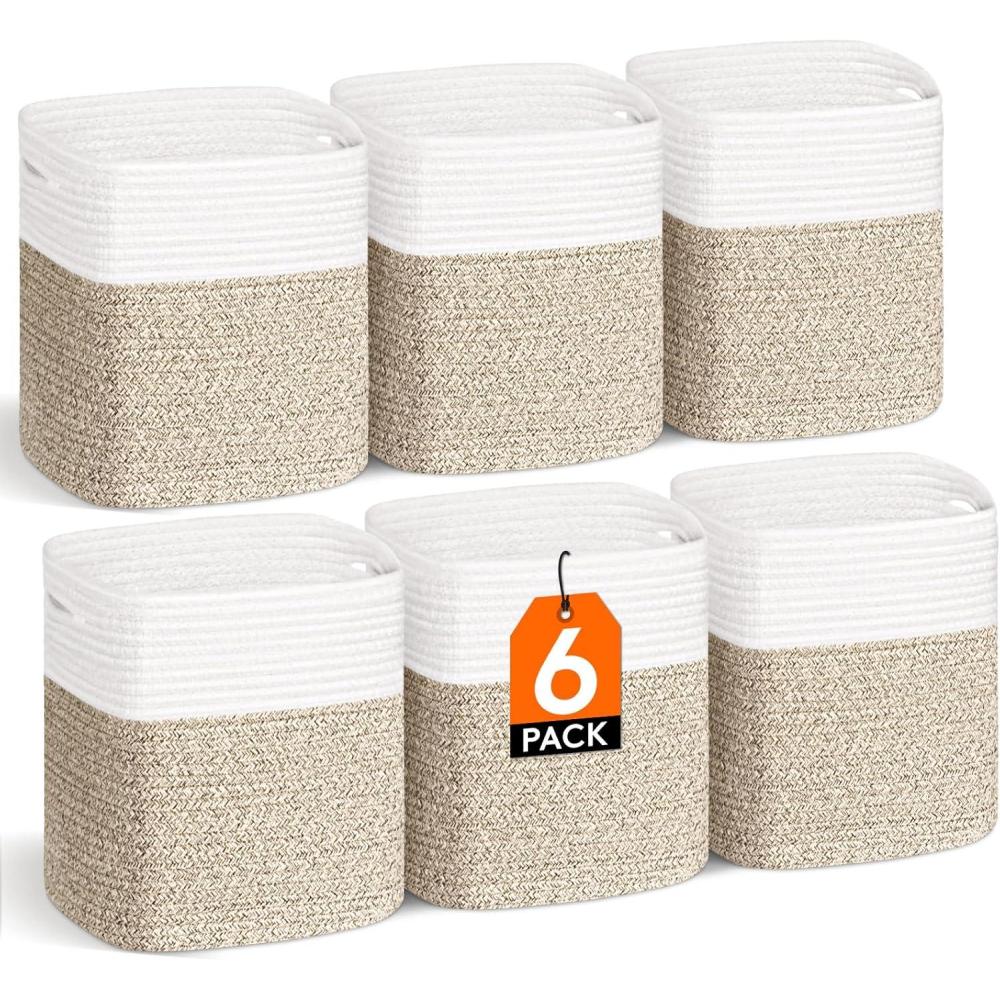 imageLifewit 6 Pack Storage Cubes 11 Inch Cotton Rope Woven Baskets Foldable Decorative Cube Storage Bins Hand Storage Box for Organizing Home Organizers with Handles for Shelves Closet White ampamp BrownWhite Brown