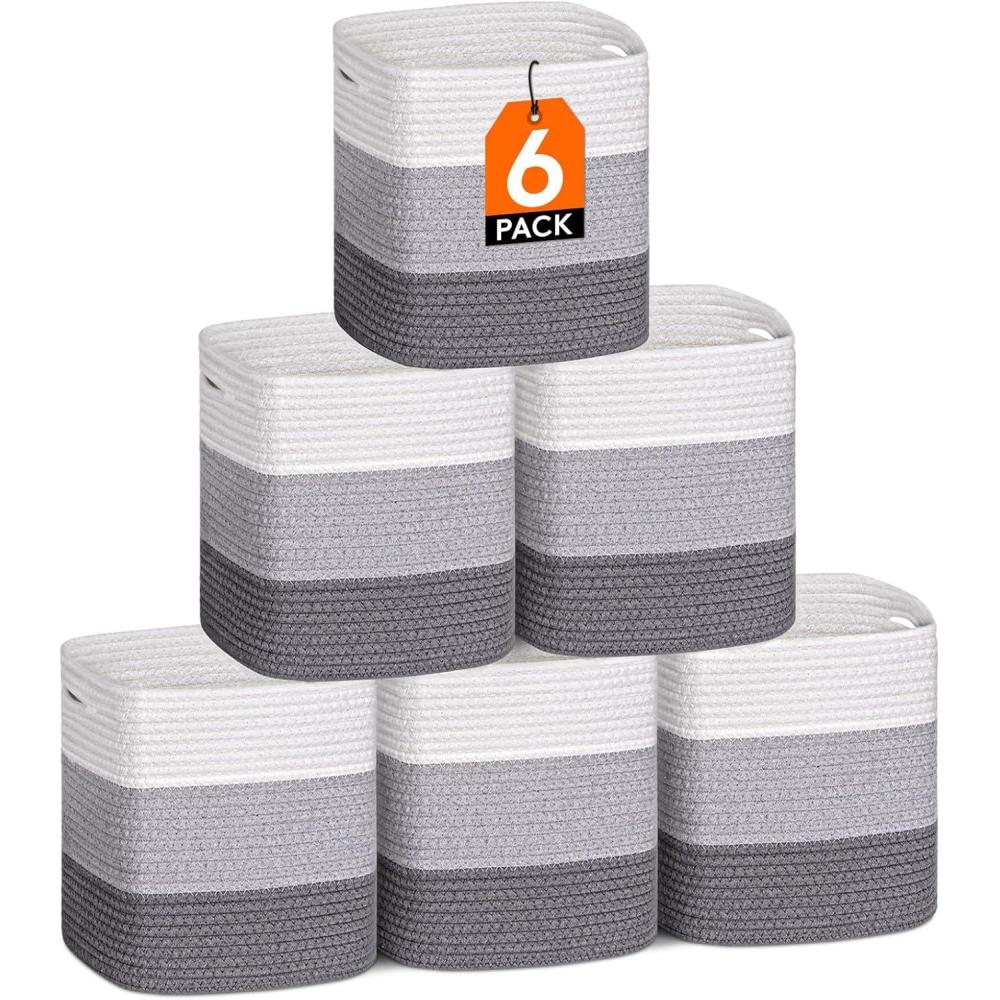 imageLifewit 6 Pack Storage Cubes 11 Inch Cotton Rope Woven Baskets Foldable Decorative Cube Storage Bins Hand Storage Box for Organizing Home Organizers with Handles for Shelves Closet White ampamp Brown3Tone Gray
