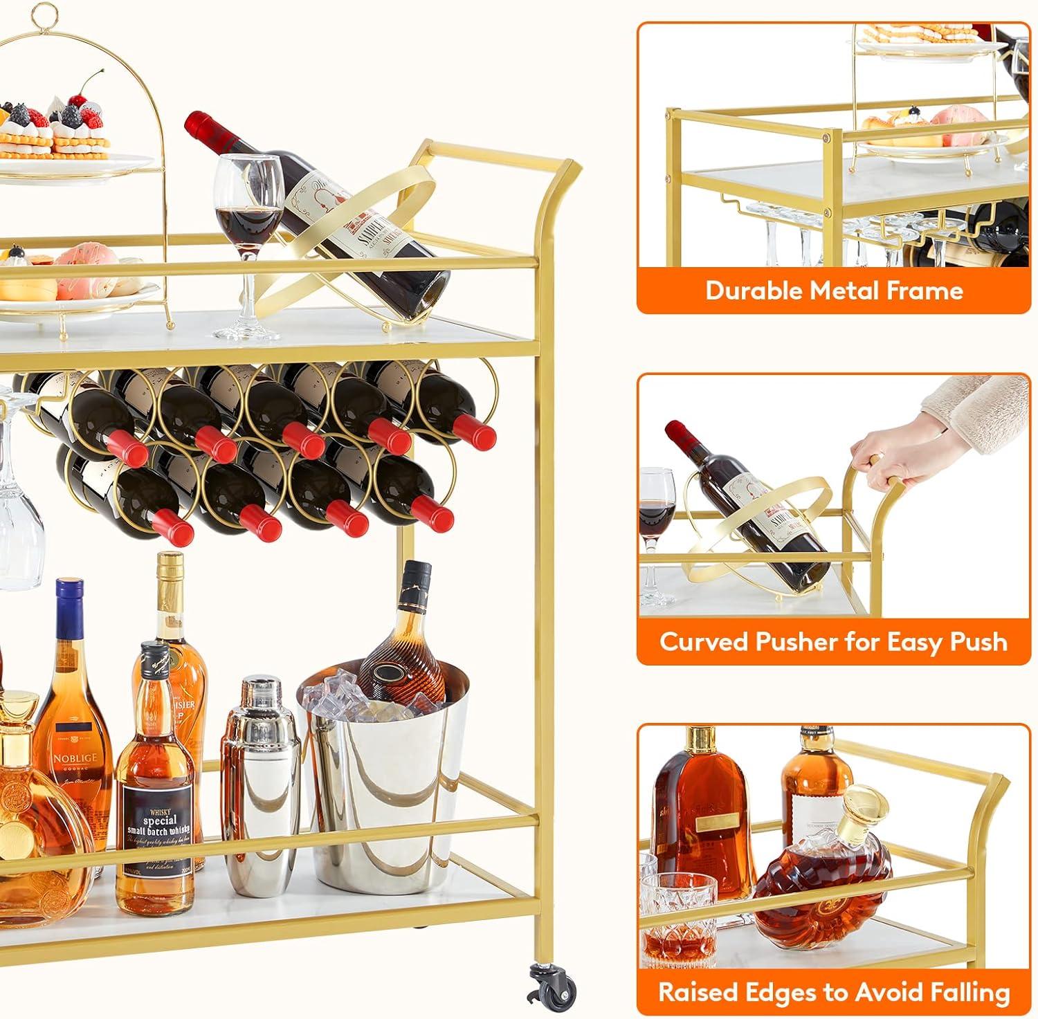 imageLifewit Bar Cart Home Bar Serving Cart 2 Tier Drink Cart with 9 Wine Bottle Racks Liquor Beverage Cart for Kitchen Dining Living Room Outdoor 315quot x 13quot x 346quot GoldGold Marble