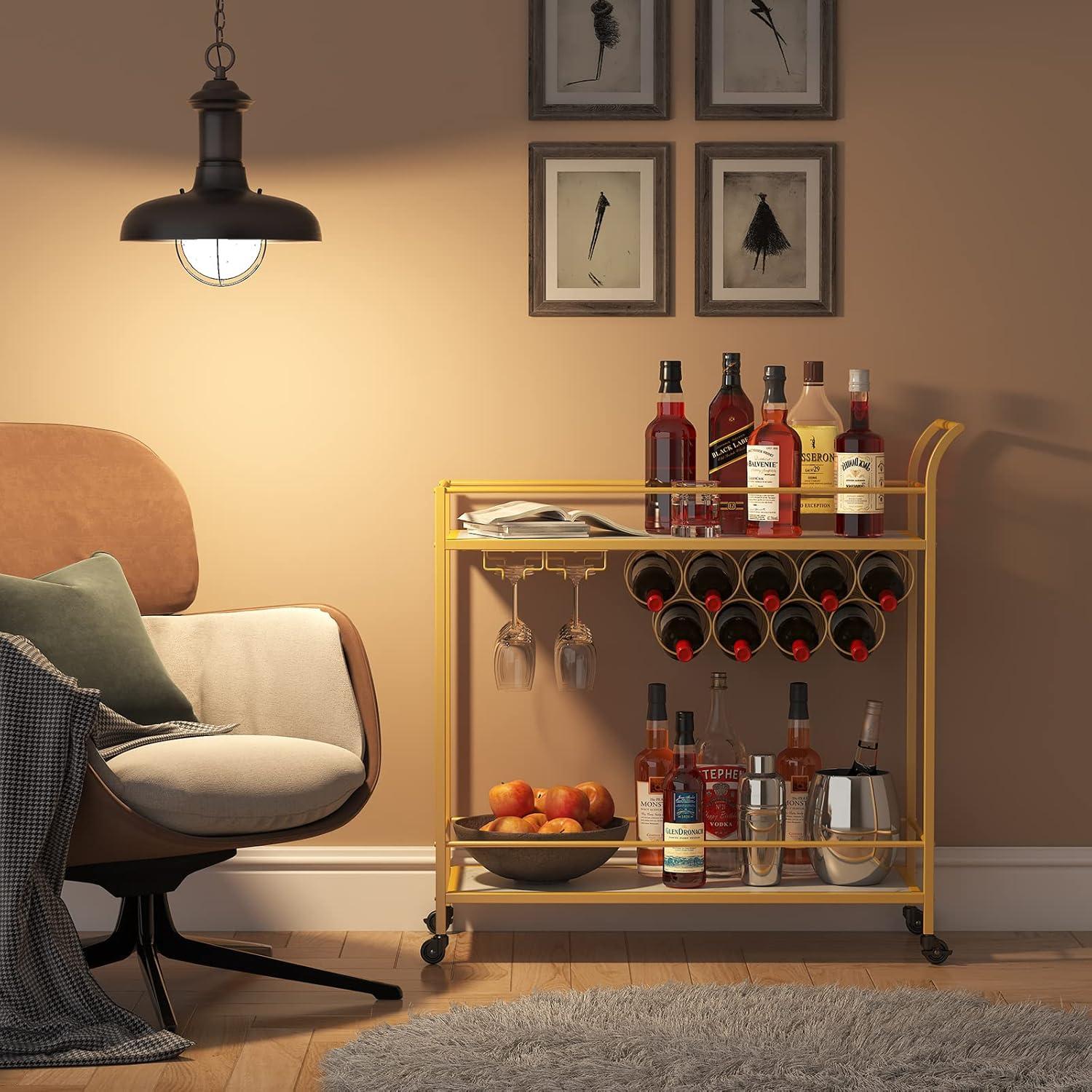 imageLifewit Bar Cart Home Bar Serving Cart 2 Tier Drink Cart with 9 Wine Bottle Racks Liquor Beverage Cart for Kitchen Dining Living Room Outdoor 315quot x 13quot x 346quot GoldGold Marble