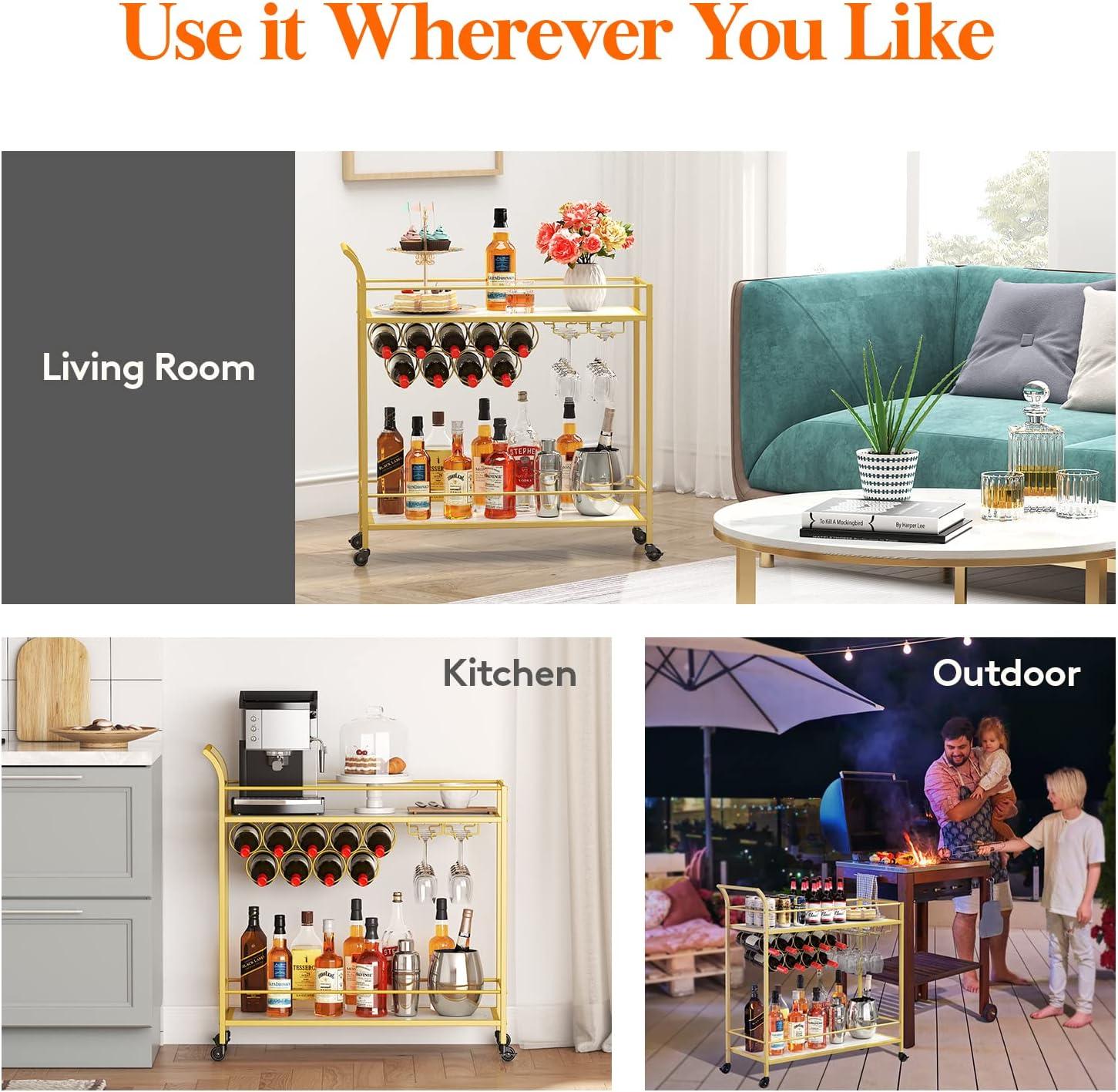 imageLifewit Bar Cart Home Bar Serving Cart 2 Tier Drink Cart with 9 Wine Bottle Racks Liquor Beverage Cart for Kitchen Dining Living Room Outdoor 315quot x 13quot x 346quot GoldGold Marble