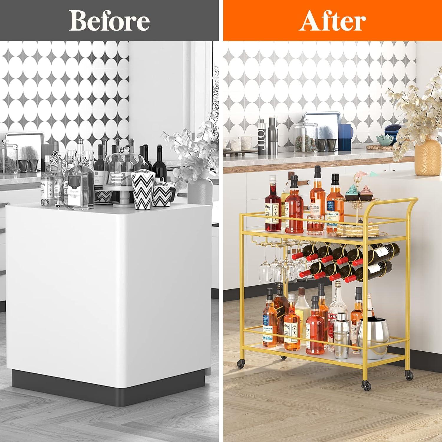 imageLifewit Bar Cart Home Bar Serving Cart 2 Tier Drink Cart with 9 Wine Bottle Racks Liquor Beverage Cart for Kitchen Dining Living Room Outdoor 315quot x 13quot x 346quot GoldGold Marble