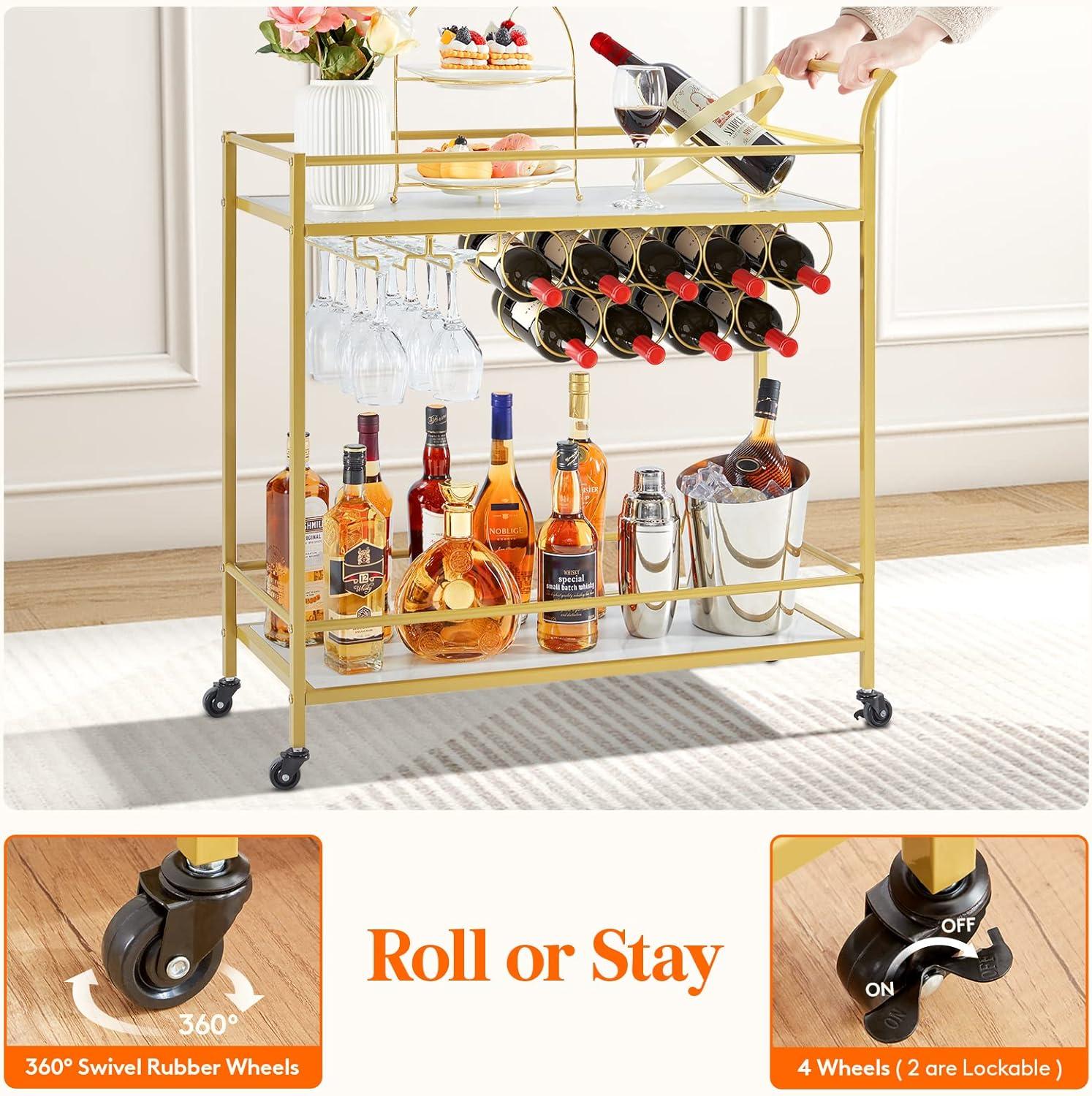 imageLifewit Bar Cart Home Bar Serving Cart 2 Tier Drink Cart with 9 Wine Bottle Racks Liquor Beverage Cart for Kitchen Dining Living Room Outdoor 315quot x 13quot x 346quot GoldGold Marble